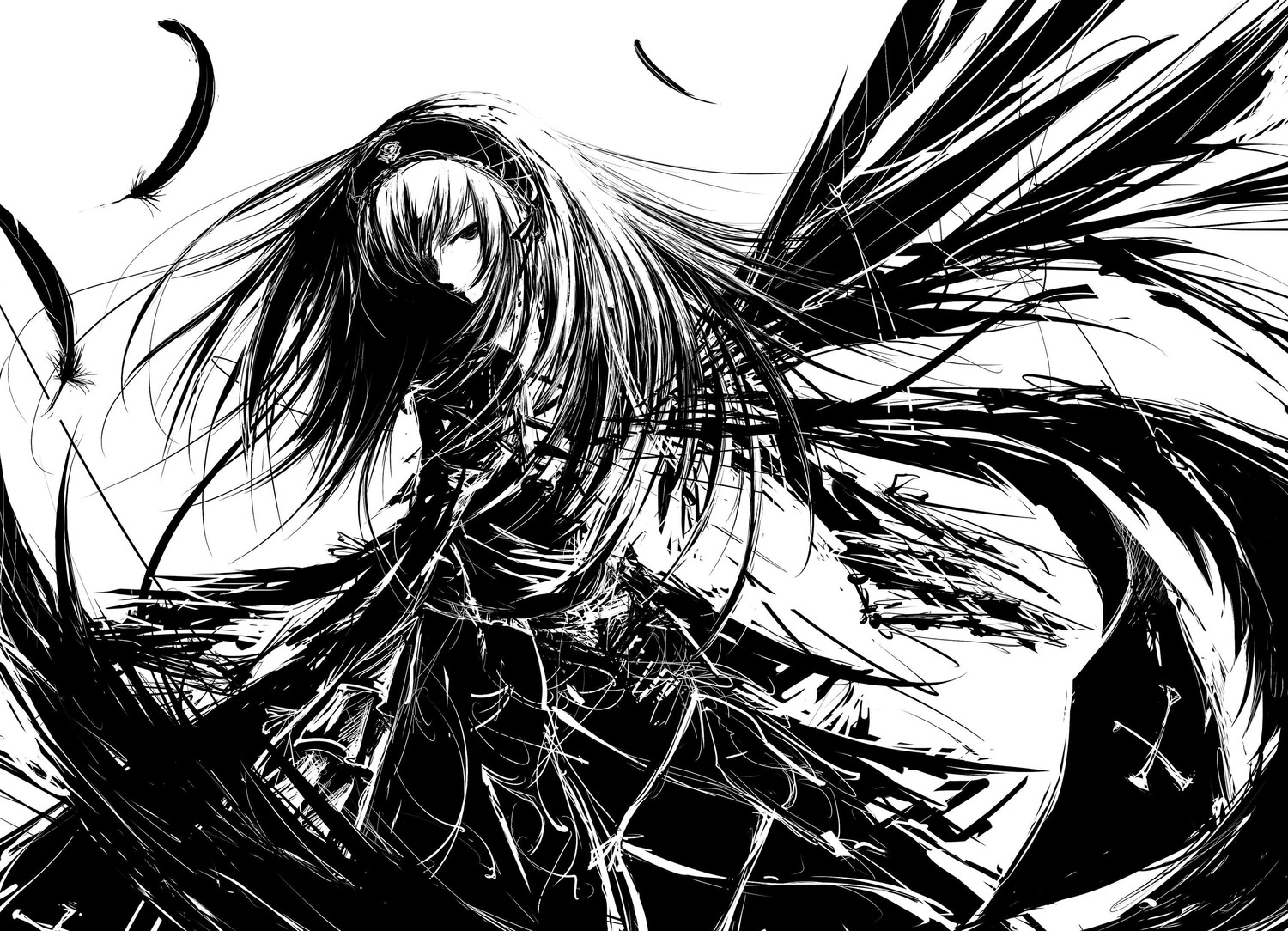 1girl black_wings feathered_wings feathers greyscale hairband high_contrast highres image imageboard_desourced iori_yakatabako long_hair looking_at_viewer monochrome non-web_source rozen_maiden solo suigintou wings