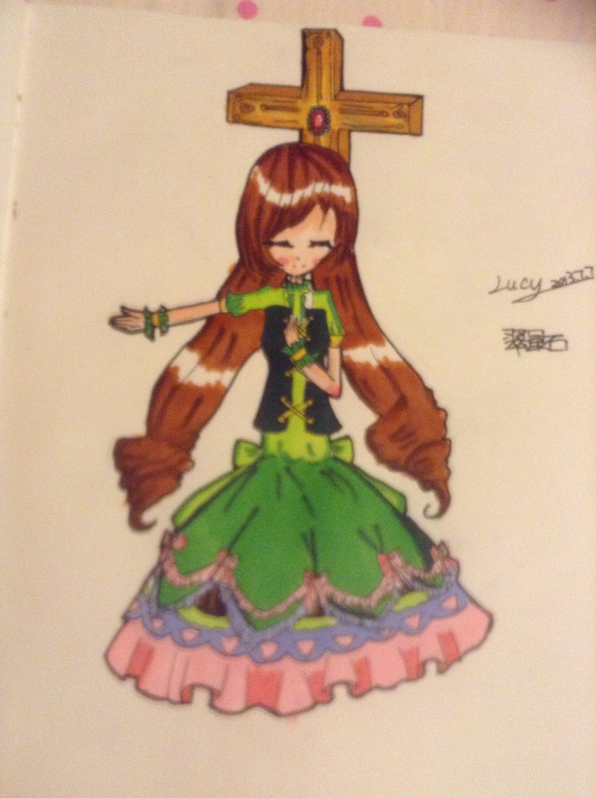 1girl auto_tagged brown_hair closed_eyes crown dress frills full_body green_dress hong_meiling image long_hair short_sleeves simple_background solo suiseiseki very_long_hair