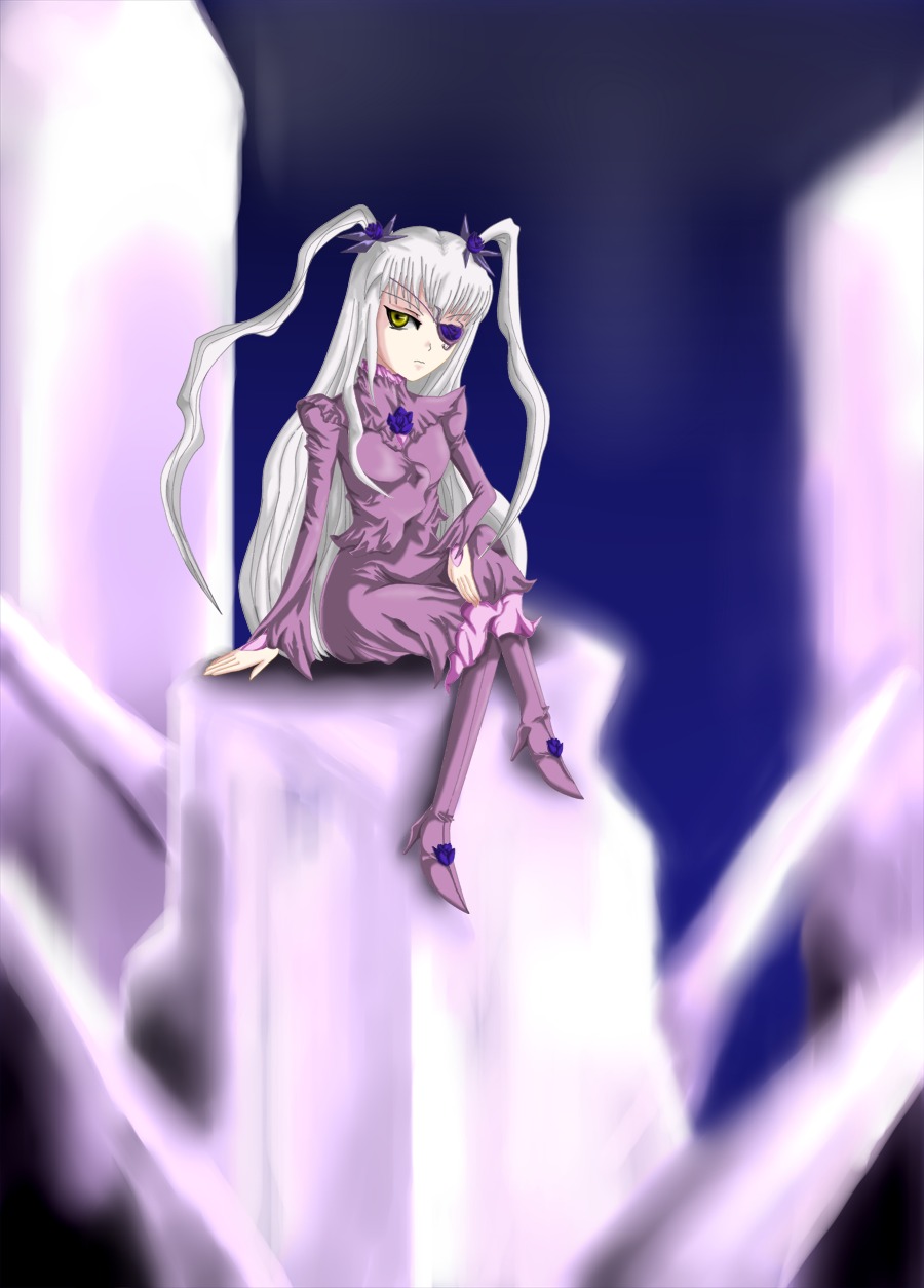 1girl barasuishou blurry dress eyepatch image long_hair long_sleeves silver_hair sitting solo twintails yellow_eyes