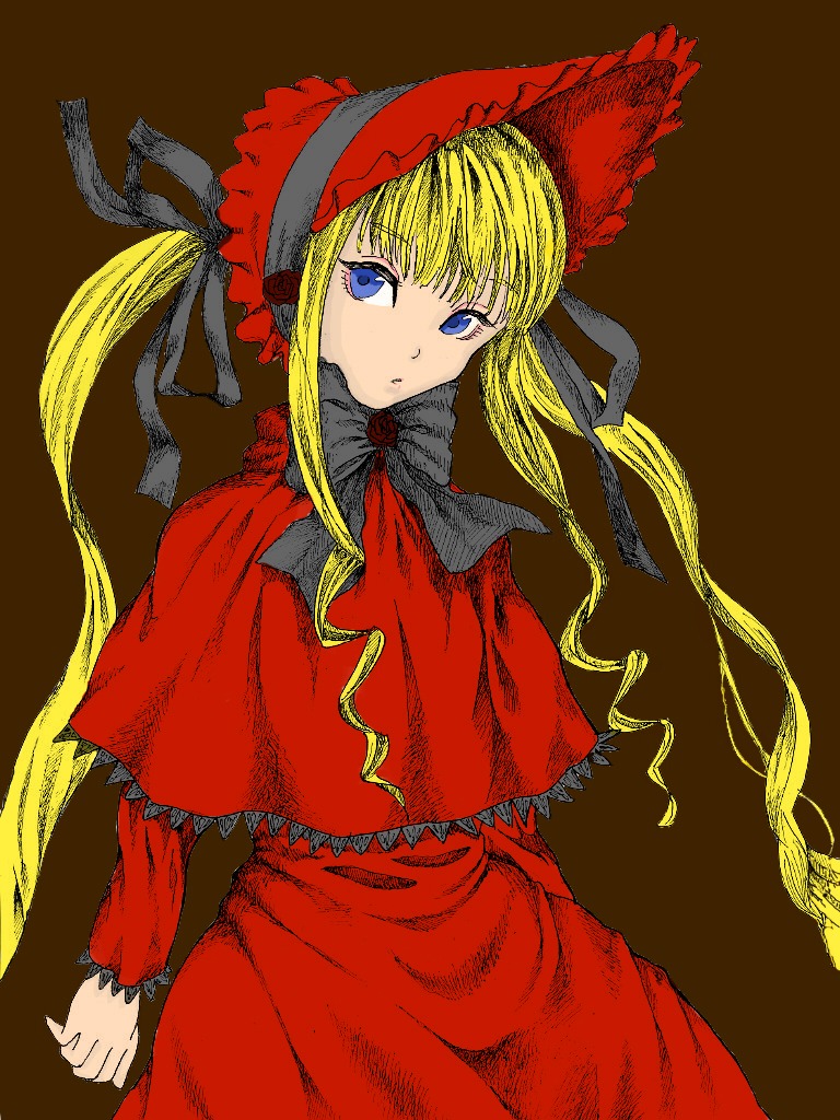 1girl blonde_hair blue_eyes bonnet bow brown_background capelet dress image long_hair long_sleeves looking_at_viewer red_capelet red_dress shinku simple_background solo twintails