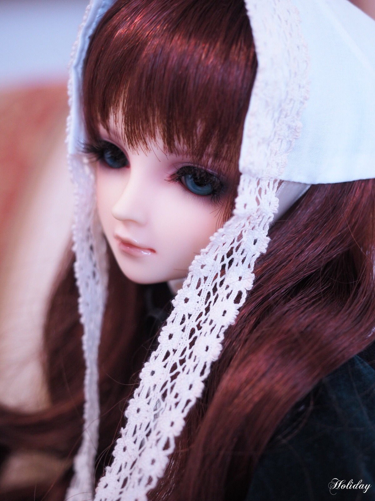 1girl bangs blue_eyes blurry closed_mouth depth_of_field doll eyelashes fur_trim lace lips long_hair looking_at_viewer parted_lips portrait signature solo suiseiseki