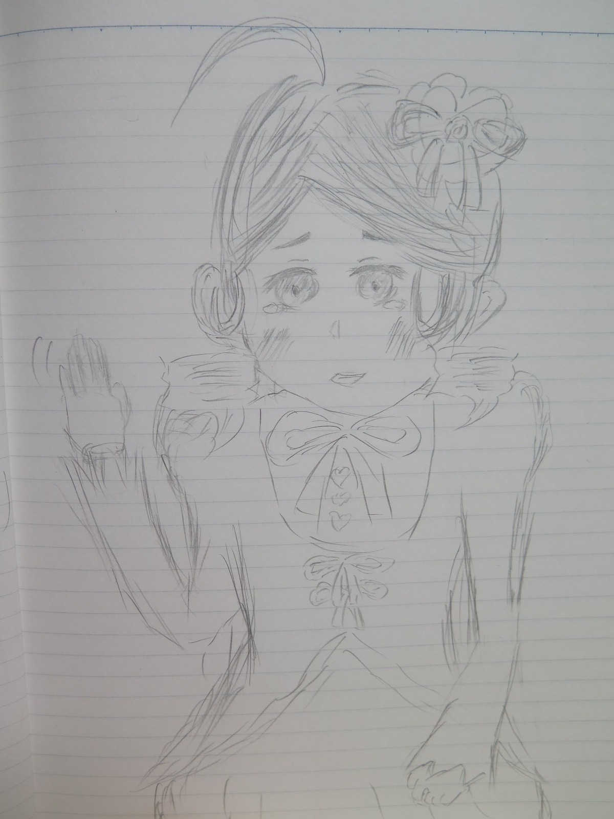 1girl blush flower hair_ornament image kanaria monochrome sketch solo tears traditional_media