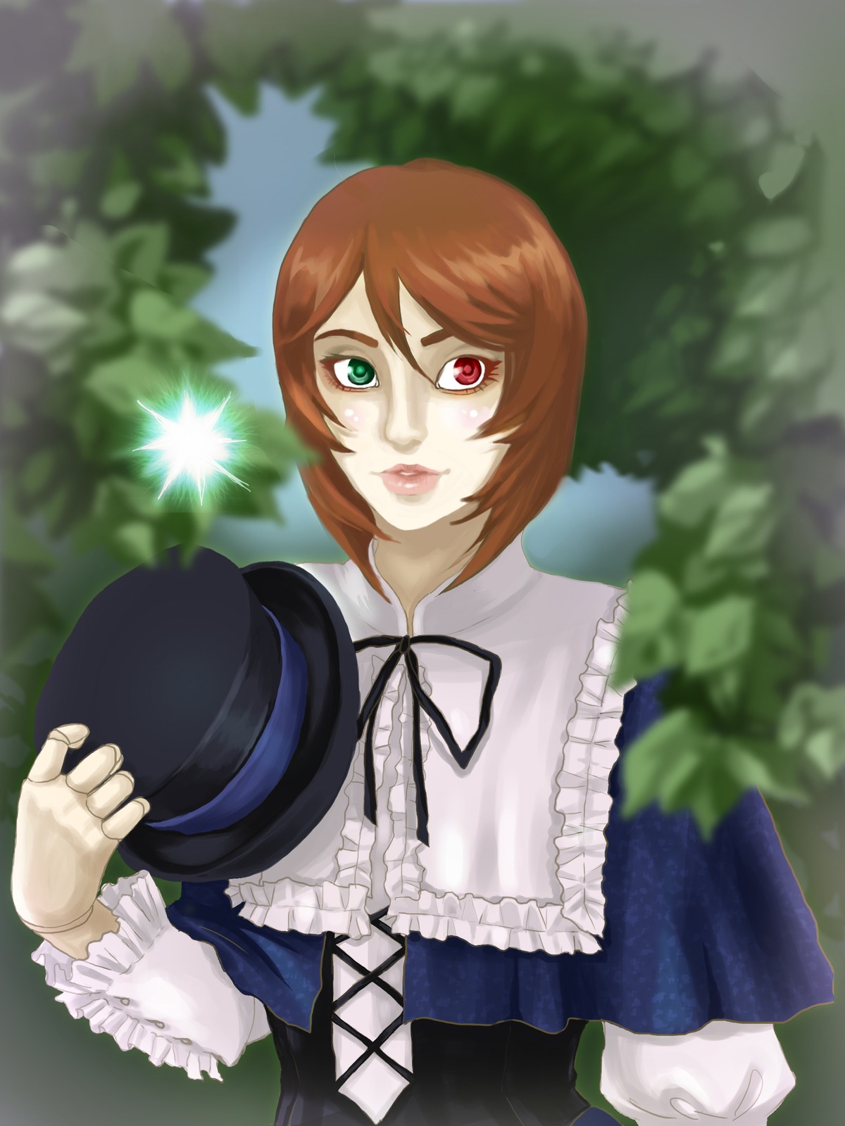 1girl auto_tagged blurry brown_hair corset depth_of_field frills green_eyes hat hat_removed headwear_removed heterochromia holding_clothes holding_hat image lips looking_at_viewer plant red_eyes ribbon short_hair solo souseiseki suiseiseki upper_body