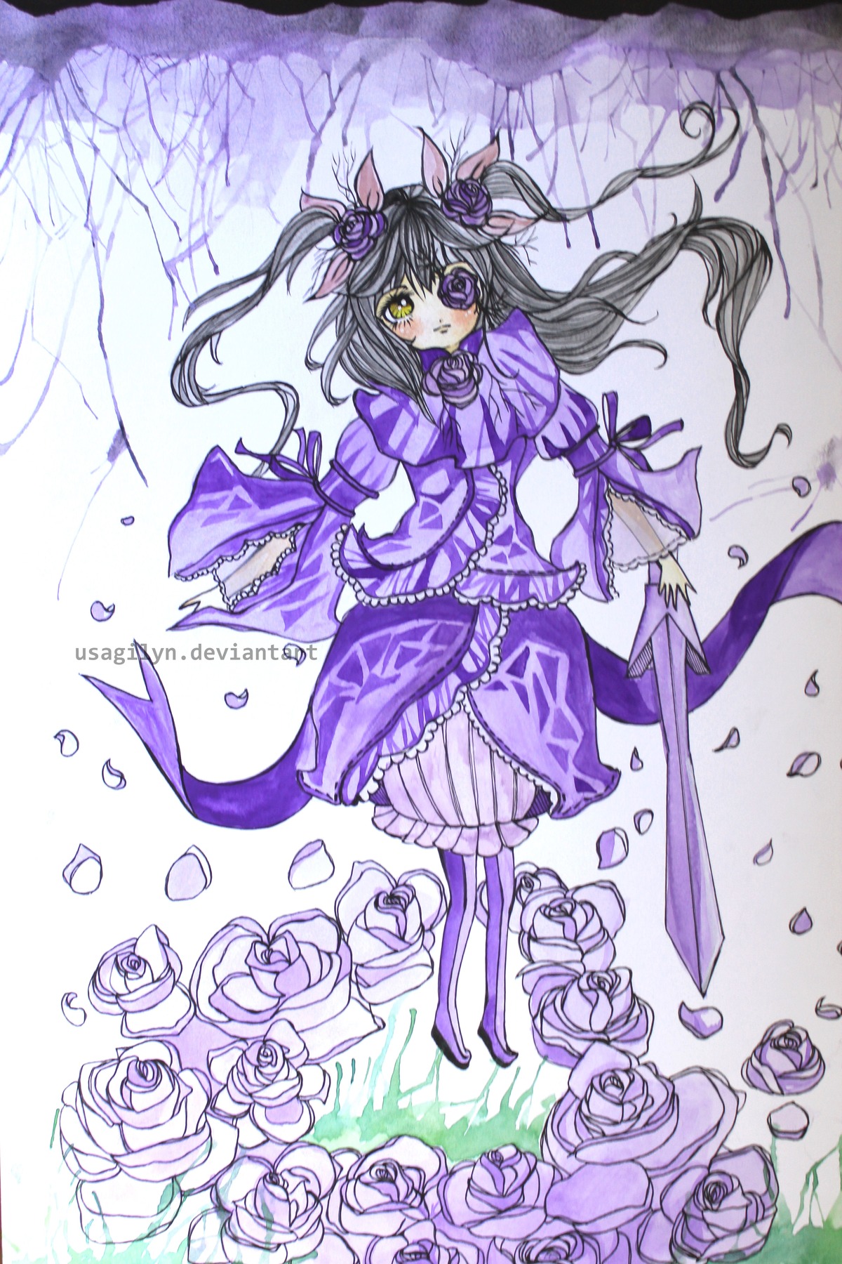 1girl barasuishou blue_flower blue_rose dress flower hair_flower himekaidou_hatate image long_hair petals pink_rose purple_eyes purple_flower purple_rose red_rose ribbon rose rose_petals solo sword thorns twintails weapon white_rose