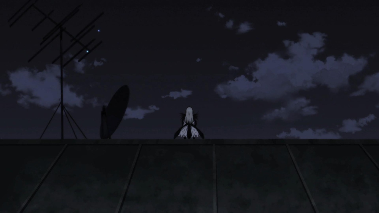 1girl cloud cloudy_sky dark image long_hair night outdoors scenery sky solo suigintou white_hair