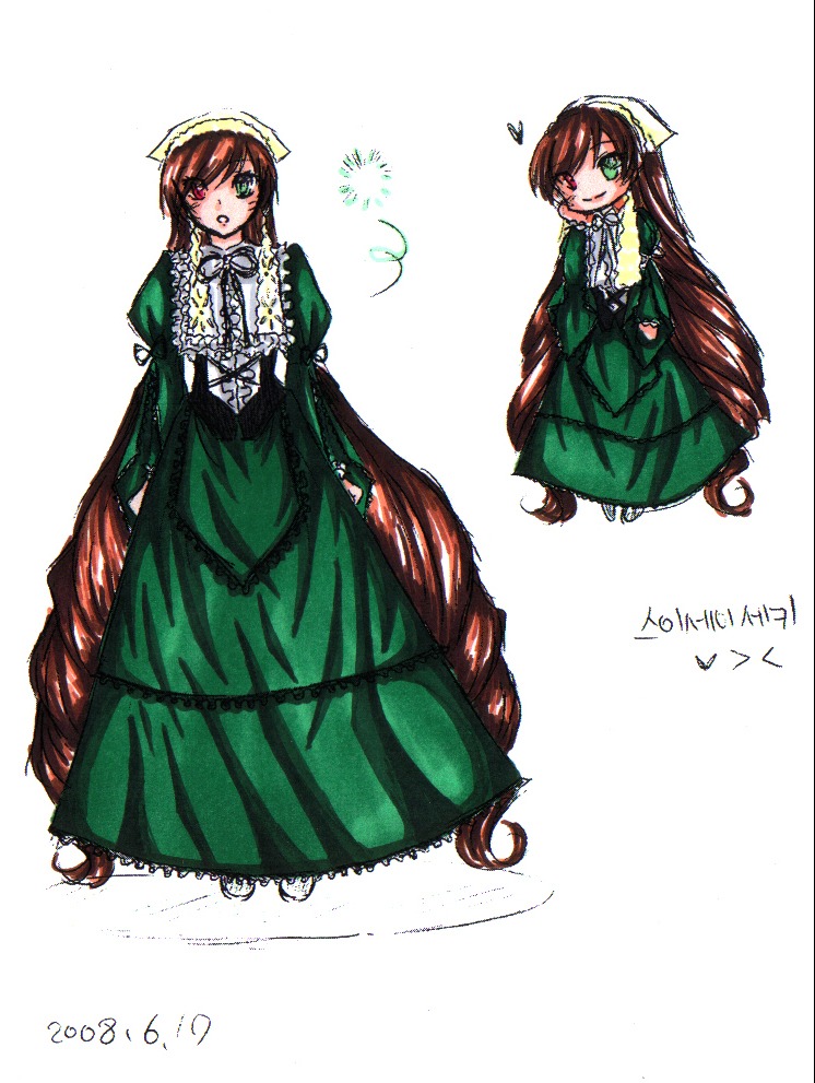 1girl brown_hair dress frills full_body green_dress green_eyes head_scarf heterochromia image long_hair long_sleeves looking_at_viewer multiple_views red_eyes solo standing suiseiseki very_long_hair