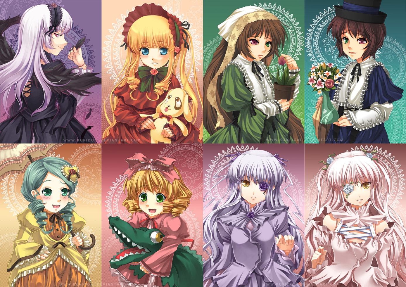 6+girls blonde_hair blue_eyes bow brown_hair dress eyepatch frills green_eyes green_hair hairband hat hina_ichigo image kanaria long_hair long_sleeves multiple multiple_girls pink_bow red_eyes shinku short_hair siblings silver_hair sisters smile souseiseki suigintou suiseiseki tagme top_hat two_side_up yellow_eyes