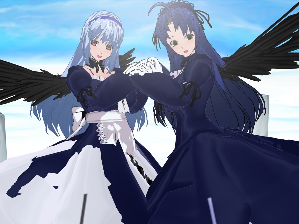 2girls angel_wings black_dress black_wings breasts dress feathered_wings green_eyes image long_hair long_sleeves multiple_girls open_mouth smile solo suigintou tongue wings