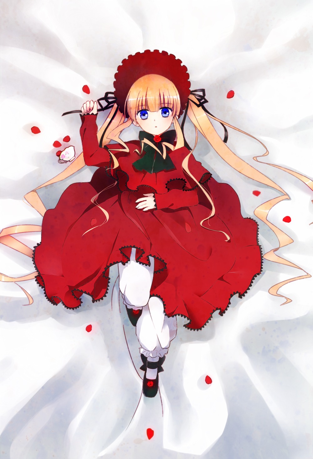 1girl blonde_hair blue_eyes bonnet bow bowtie dress flower full_body image long_hair long_sleeves looking_at_viewer lying on_back petals red_dress rose rose_petals shinku shoes solo twintails very_long_hair white_legwear