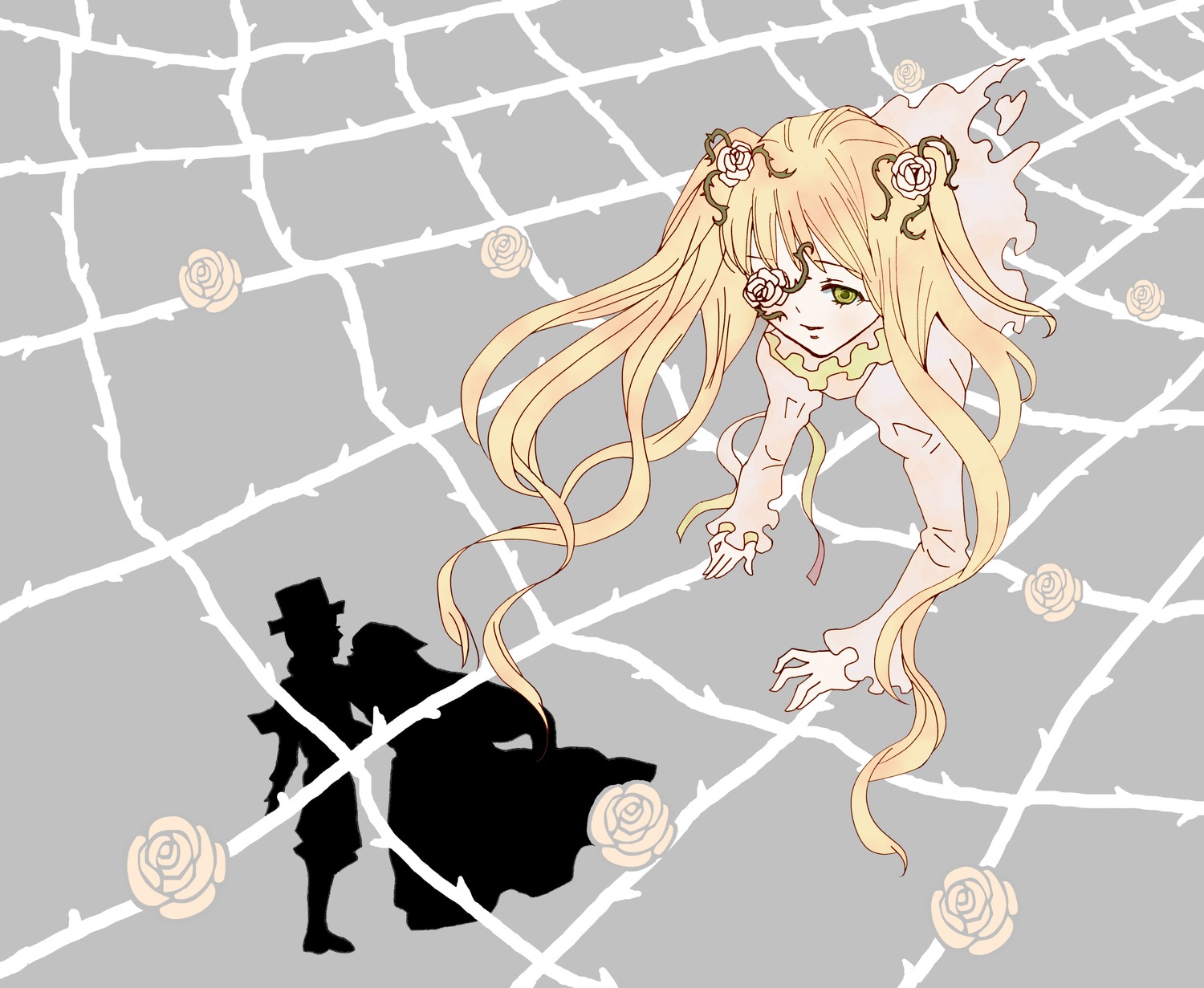 1girl black_flower black_rose blonde_hair dress eyepatch flower hair_flower hair_ornament image long_hair multiple pink_flower pink_rose rose solo tagme thorns twintails vines white_flower white_rose yellow_flower yellow_rose