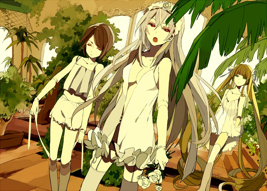 4girls brown_hair closed_eyes doll_joints dress flower green_eyes hair_ornament head_wreath image joints long_hair multiple multiple_girls plant red_eyes rose short_hair tagme thighhighs vines white_hair white_rose