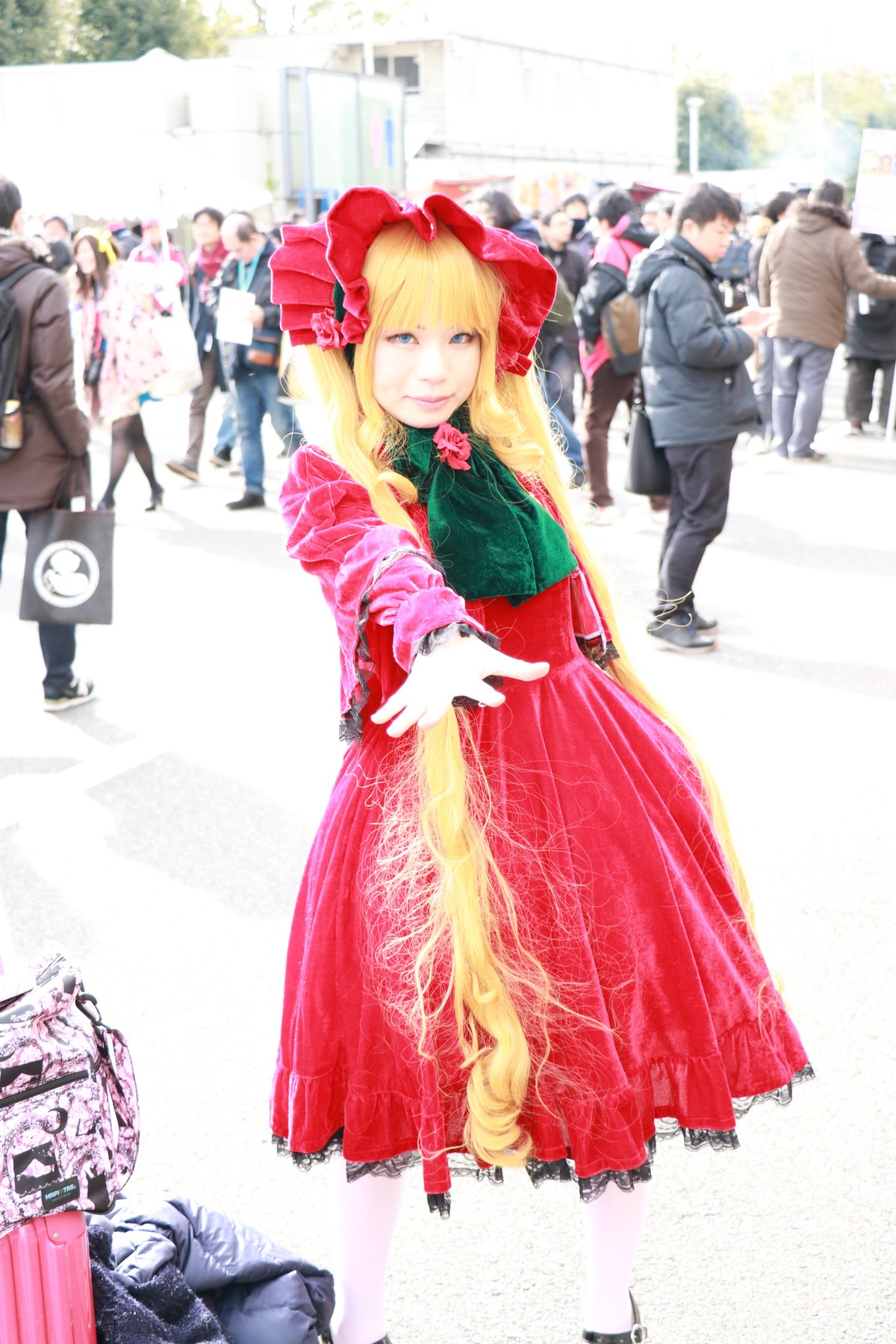 blonde_hair blue_eyes dress long_hair long_sleeves multiple_girls red_dress shinku solo standing