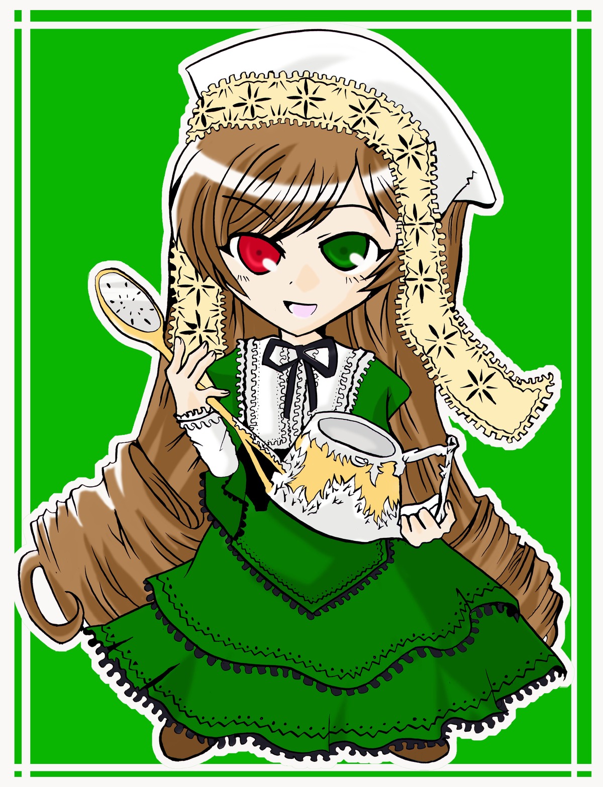 1girl :d brown_hair dress drill_hair frills full_body green_background green_dress green_eyes head_scarf heterochromia image long_hair long_sleeves looking_at_viewer red_eyes smile solo suiseiseki twin_drills very_long_hair watering_can