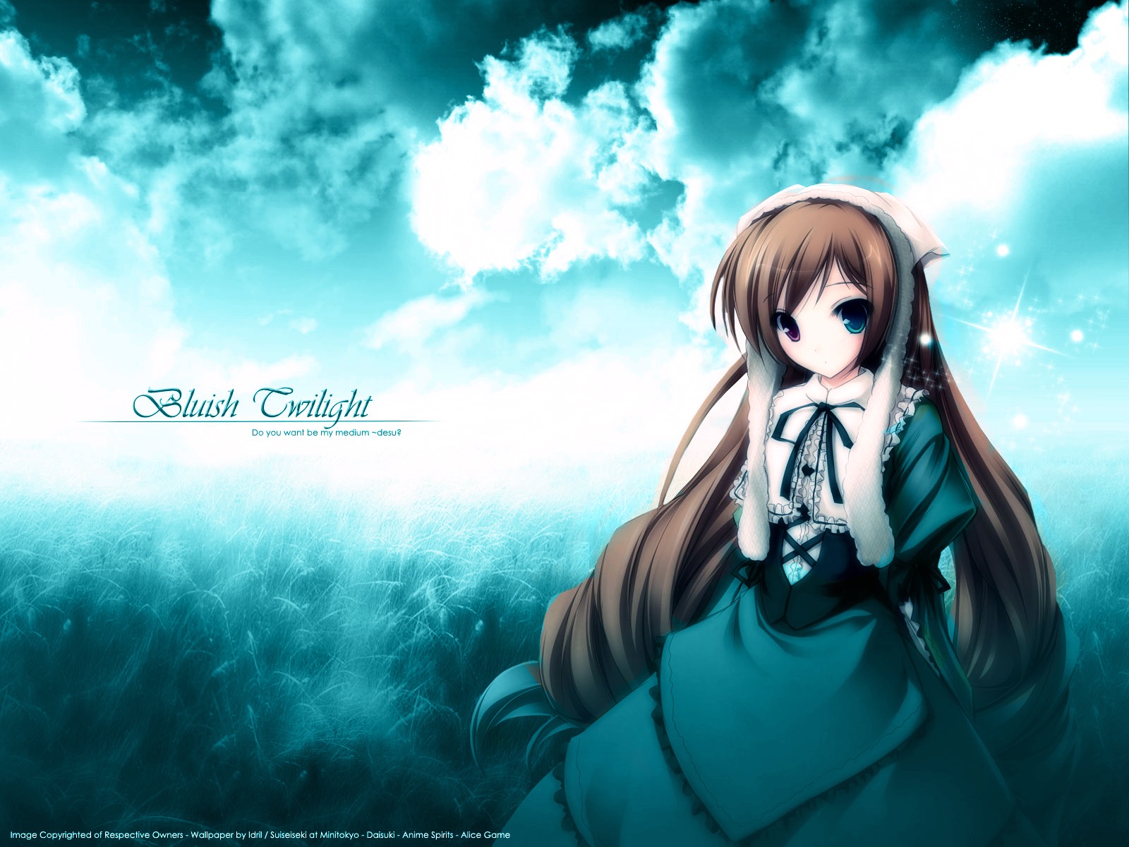 1girl black_ribbon blue_eyes brown_hair cloud dress frills green_dress heterochromia image long_hair looking_at_viewer outdoors ribbon sky solo suiseiseki very_long_hair water