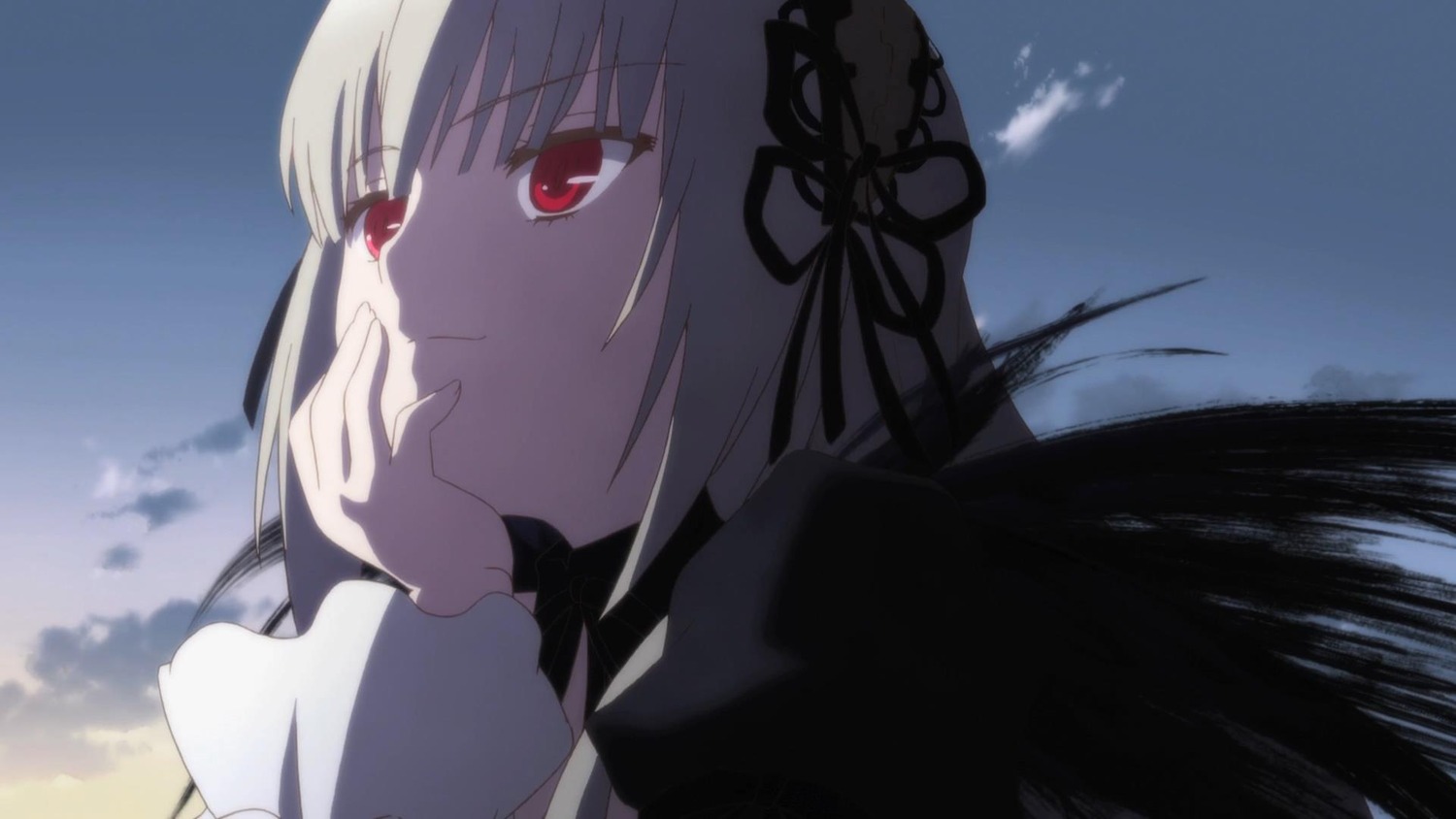 1girl bangs black_dress black_ribbon black_wings closed_mouth cloud dress eyebrows_visible_through_hair frills hairband image long_hair long_sleeves outdoors red_eyes ribbon silver_hair sky smile solo suigintou