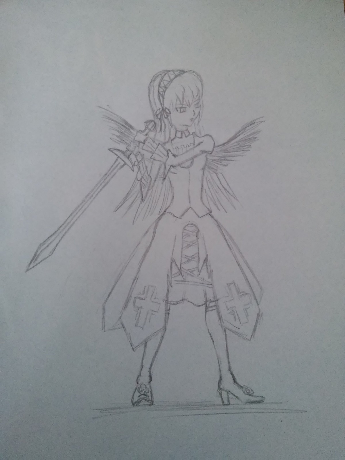 1girl dress full_body greyscale image monochrome photo solo standing suigintou traditional_media weapon wings