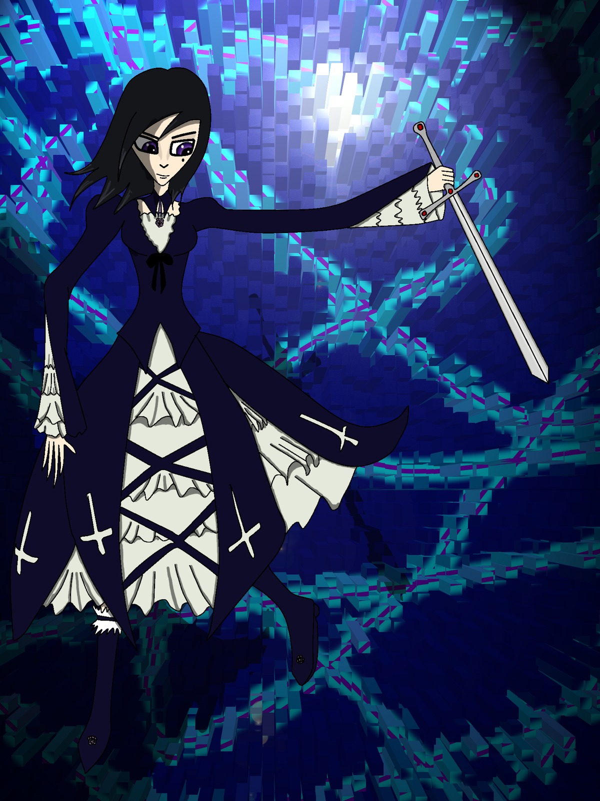 1girl auto_tagged black_hair dress image long_hair purple_eyes solo suigintou sword weapon