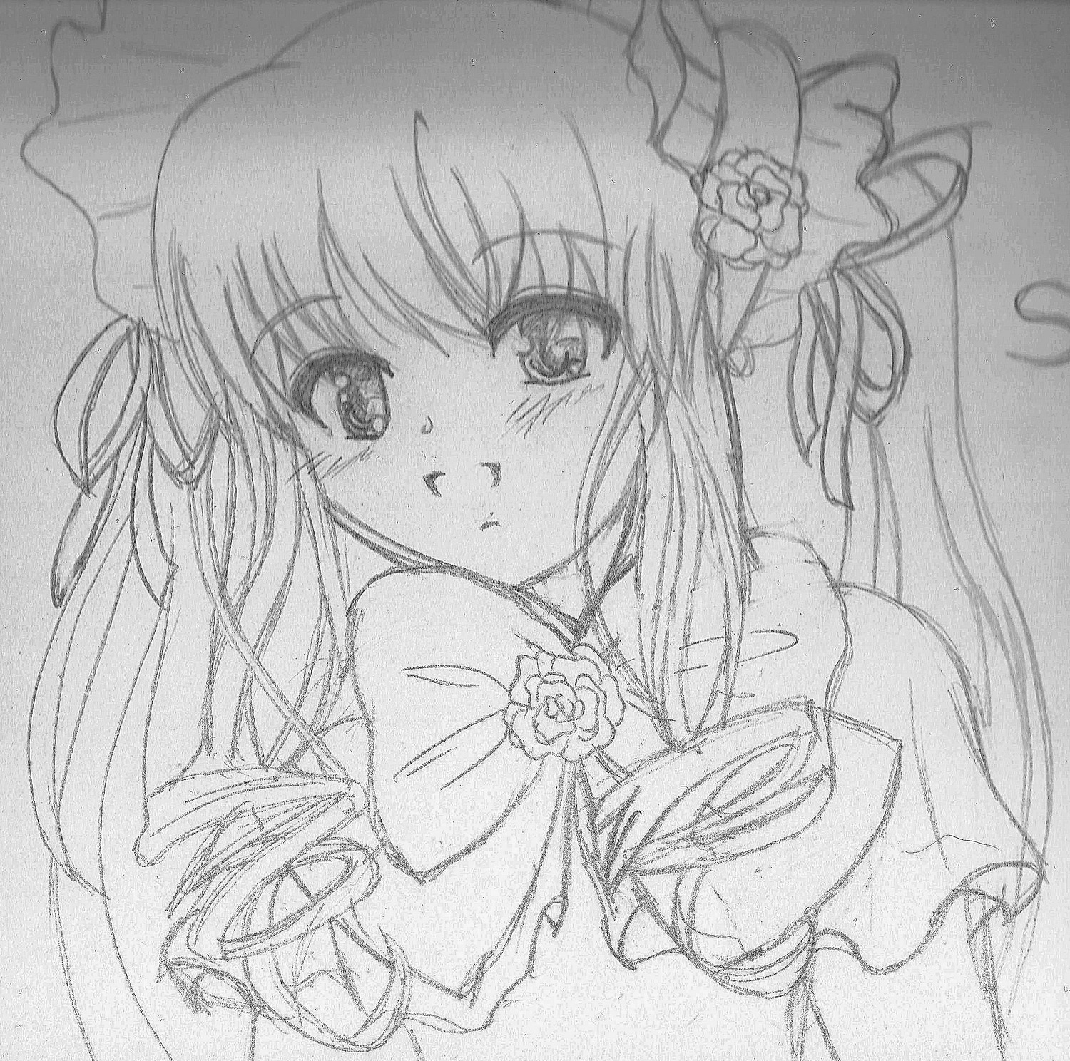 1girl :t blush flower graphite_(medium) greyscale hair_flower hair_ornament image long_hair looking_at_viewer monochrome photo pout rose shinku solo traditional_media upper_body