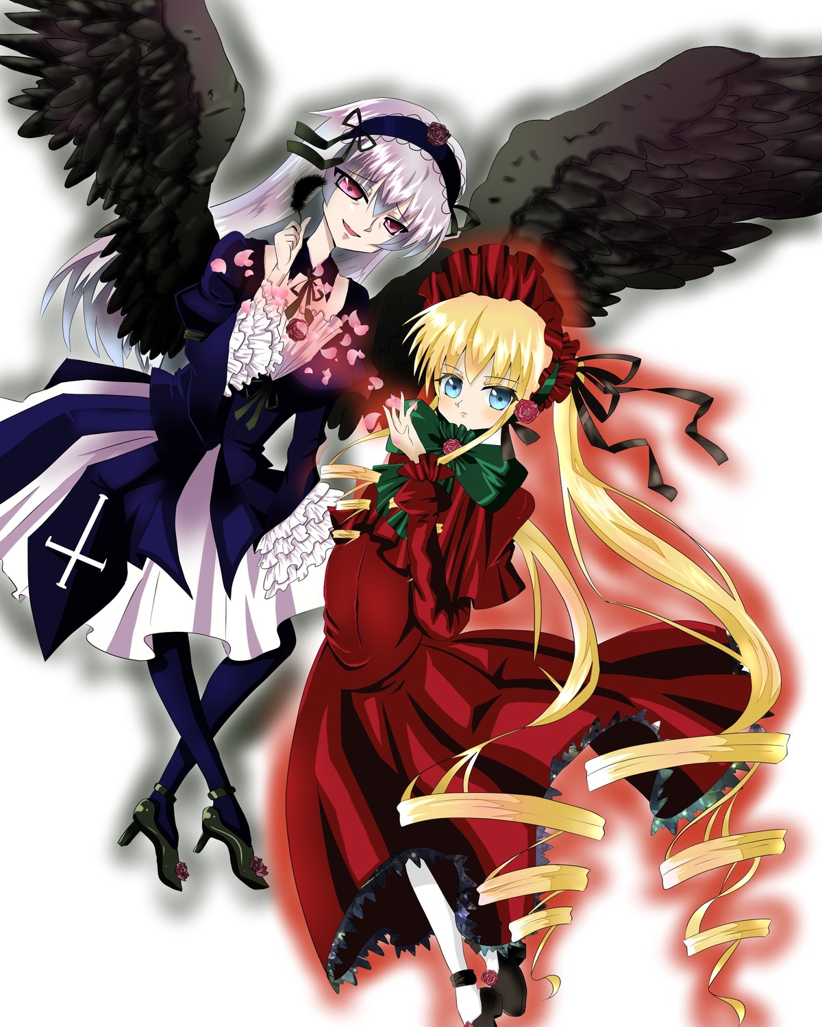 2girls black_wings blonde_hair blue_eyes bonnet bow dress drill_hair feathered_wings feathers frills hairband image long_hair long_sleeves looking_at_viewer multiple_girls pair pink_eyes red_dress shinku silver_hair smile suigintou twintails very_long_hair wings