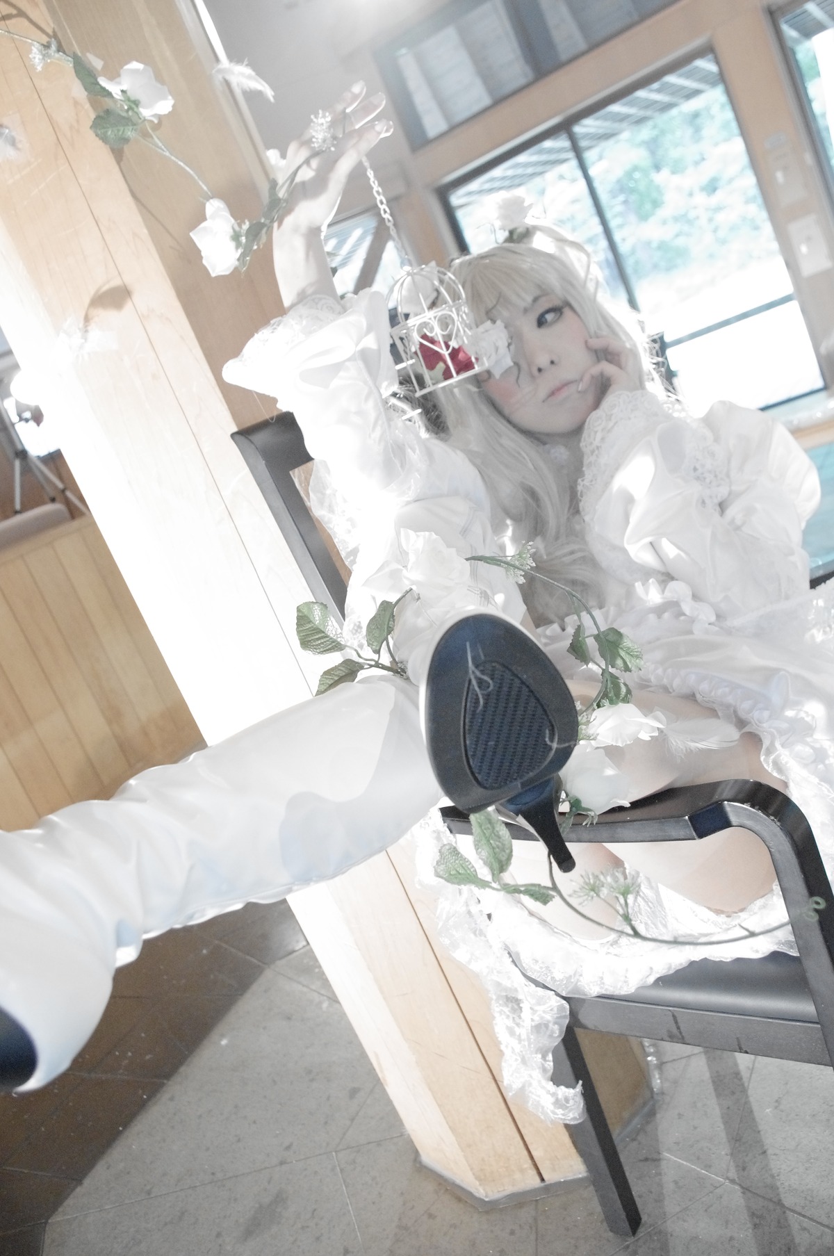 1girl dress flower indoors kirakishou long_hair sitting solo white_dress white_flower white_hair window