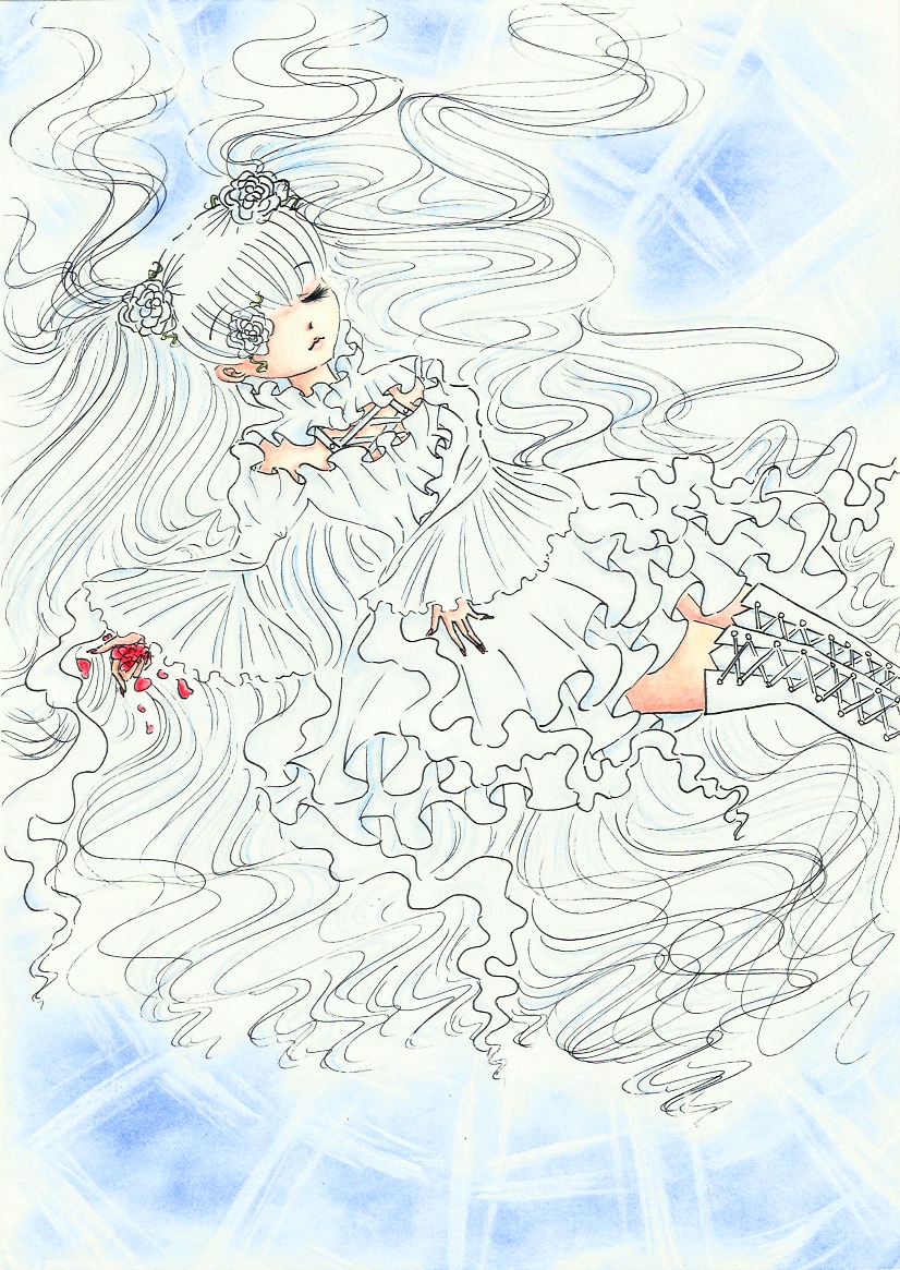 1girl auto_tagged boots closed_eyes dress flower frills hair_flower hair_ornament image kirakishou long_hair rose solo very_long_hair water white_hair white_rose