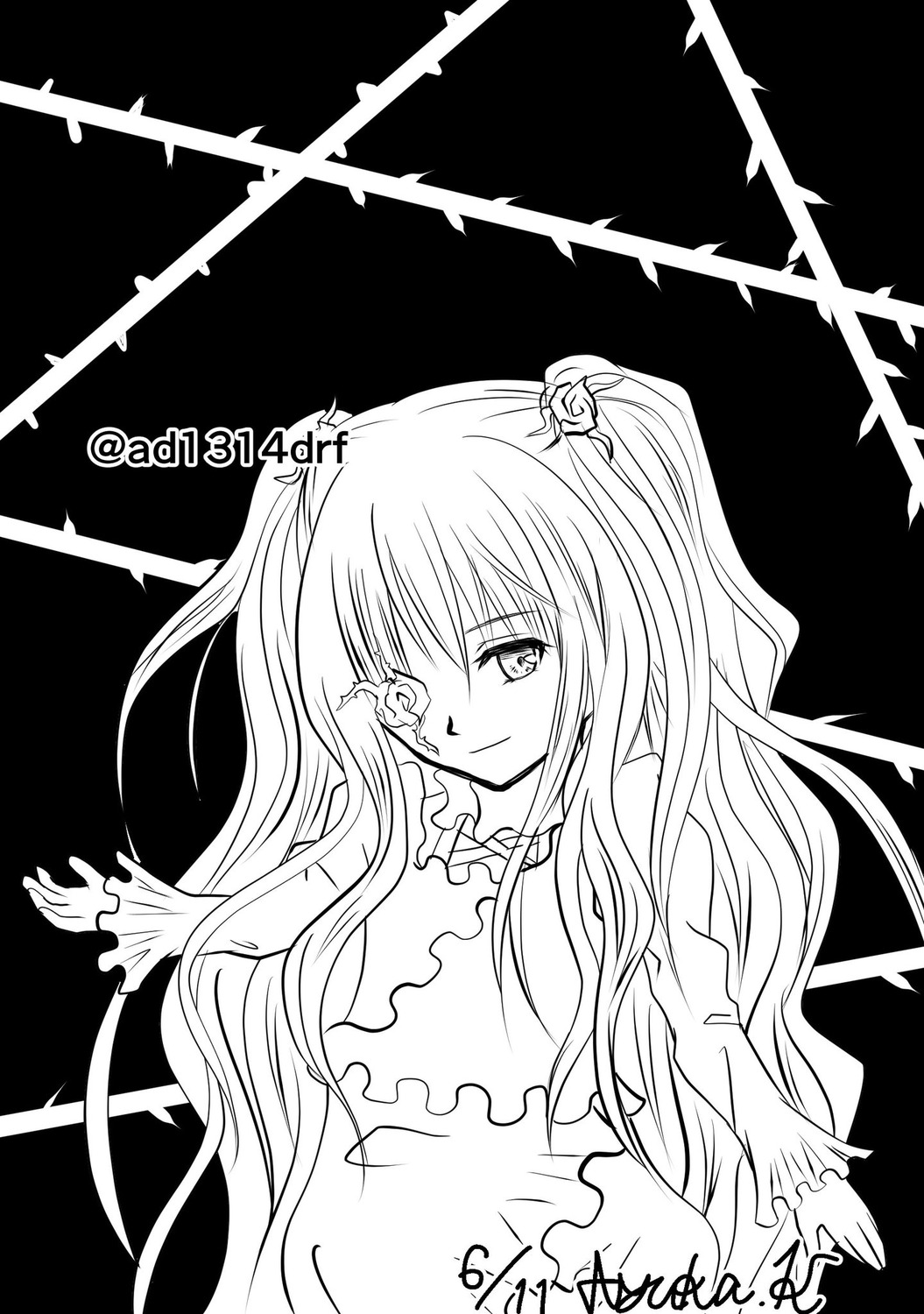 1girl dress frills greyscale hair_ornament image kirakishou lineart long_hair long_sleeves looking_at_viewer monochrome smile solo two_side_up upper_body