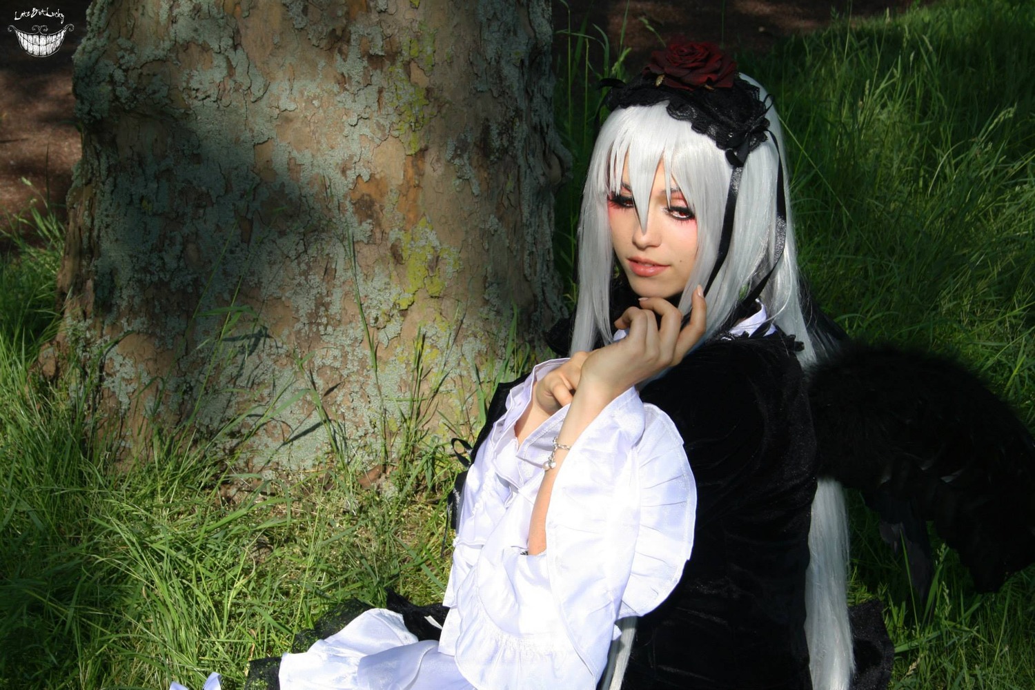 1girl closed_mouth dress flower gothic_lolita grass lips lolita_fashion long_hair long_sleeves looking_at_viewer nail_polish rose solo suigintou
