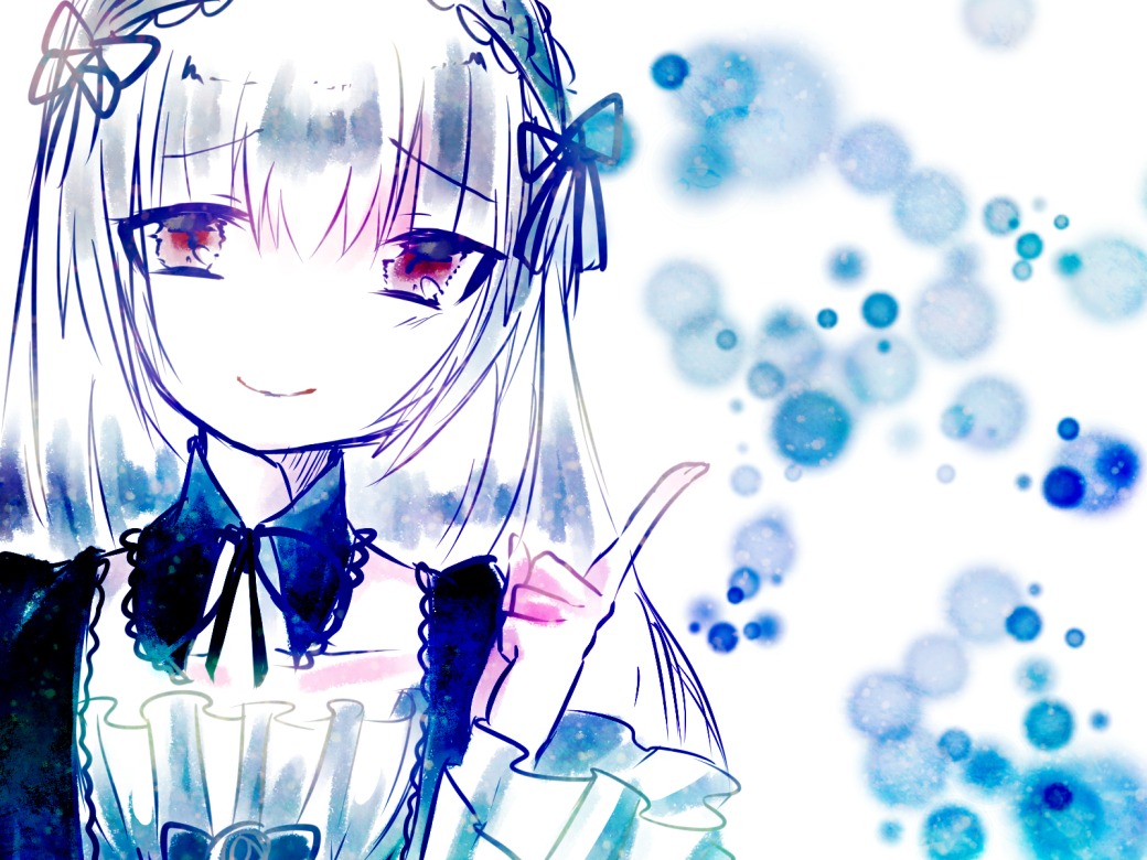 1girl bangs blue_flower closed_mouth dress eyebrows_visible_through_hair flower hair_between_eyes image index_finger_raised long_hair long_sleeves looking_at_viewer red_eyes ribbon silver_hair smile solo suigintou virtual_youtuber white_background