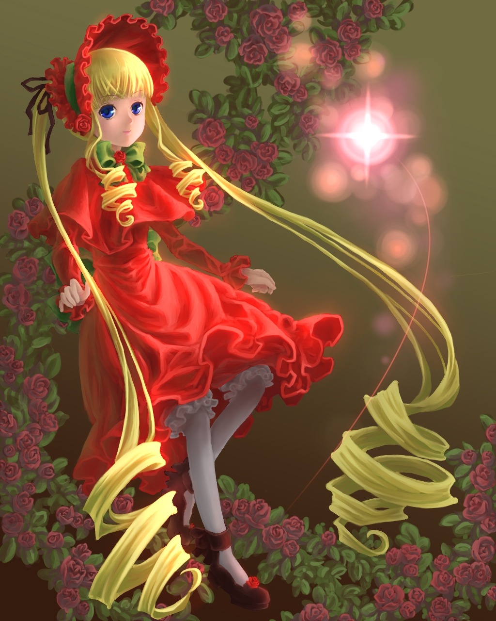 1girl blonde_hair blue_eyes bonnet bow capelet dress drill_hair flower green_bow image lolita_fashion long_hair orange_flower pantyhose pink_flower pink_rose red_dress red_flower red_rose rose rose_petals shinku shoes solo thorns twin_drills twintails very_long_hair vines yellow_rose