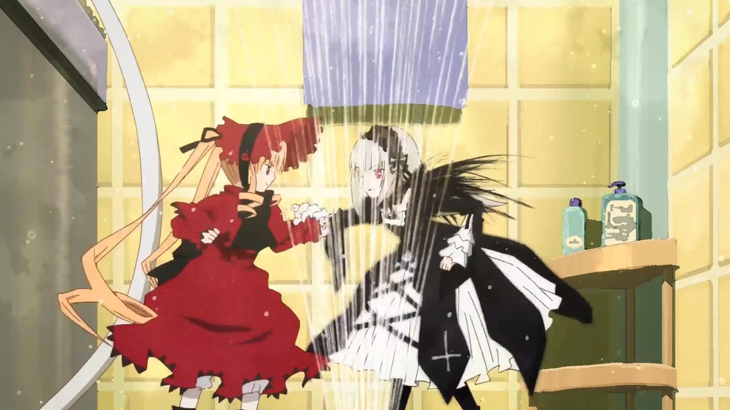 curtains dress image long_hair long_sleeves multiple_girls pair red_eyes red_hair shinku silver_hair suigintou twintails window