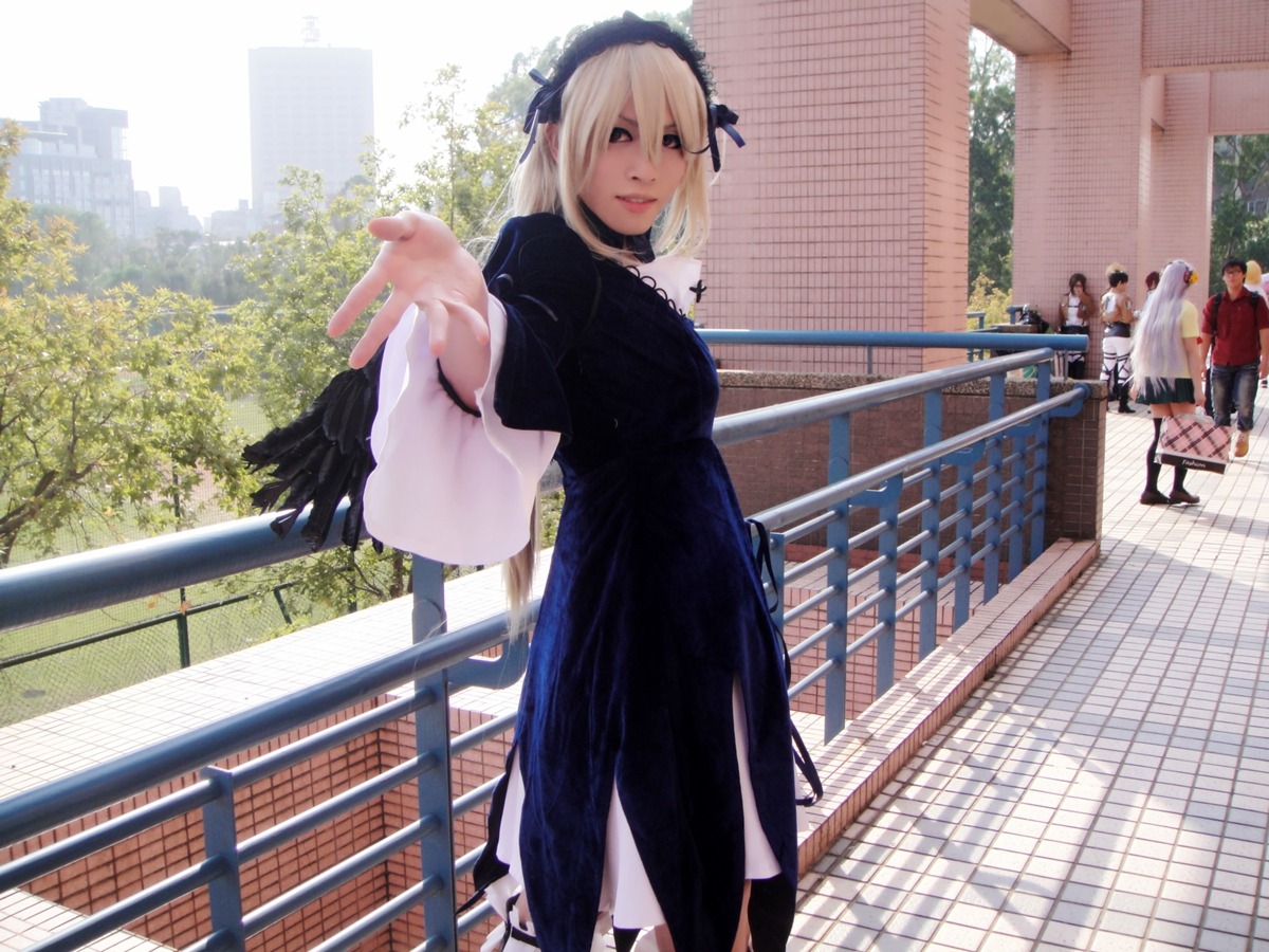 3d blonde_hair building chain-link_fence day dress fence long_hair multiple_girls outdoors pavement solo suigintou tree