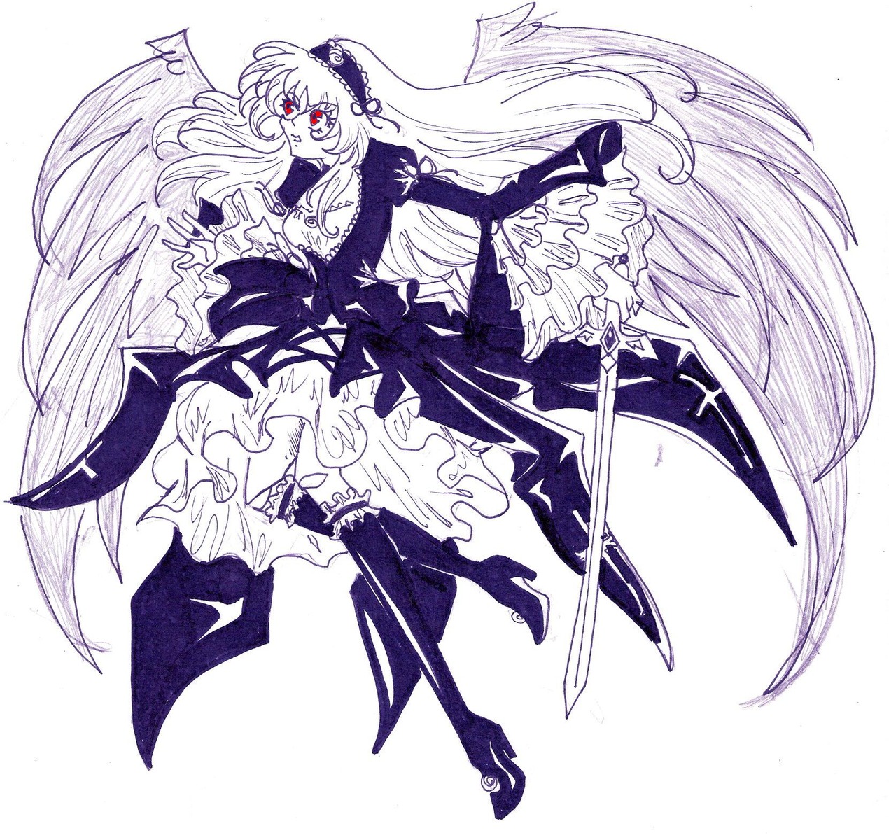 1girl boots dress frilled_sleeves frills full_body hairband high_heel_boots high_heels image long_hair long_sleeves monochrome red_eyes solo suigintou traditional_media very_long_hair weapon white_background wings