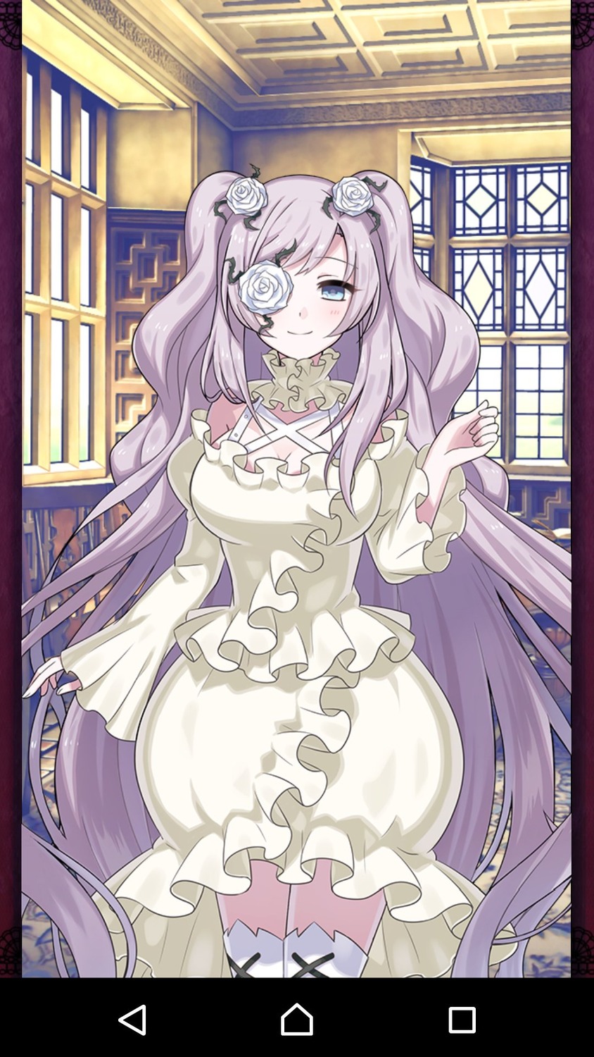 1girl blue_eyes breasts cleavage dress flower frilled_dress frills hair_flower hair_ornament image kirakishou large_breasts long_hair long_sleeves looking_at_viewer rose smile solo twintails very_long_hair white_dress white_rose window