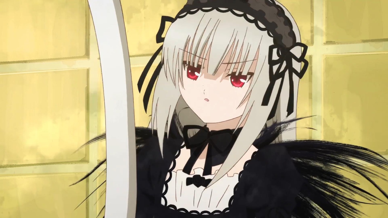 1girl bangs black_dress black_ribbon detached_collar dress eyebrows_visible_through_hair hairband image long_hair long_sleeves looking_at_viewer ribbon silver_hair solo suigintou wings