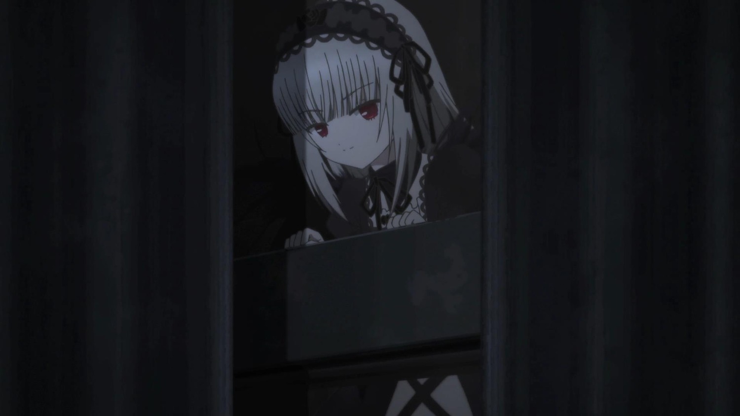 1girl bangs black_ribbon closed_mouth curtains dress eyebrows_visible_through_hair hairband image lolita_fashion long_hair long_sleeves looking_at_viewer red_eyes ribbon silver_hair smile solo suigintou