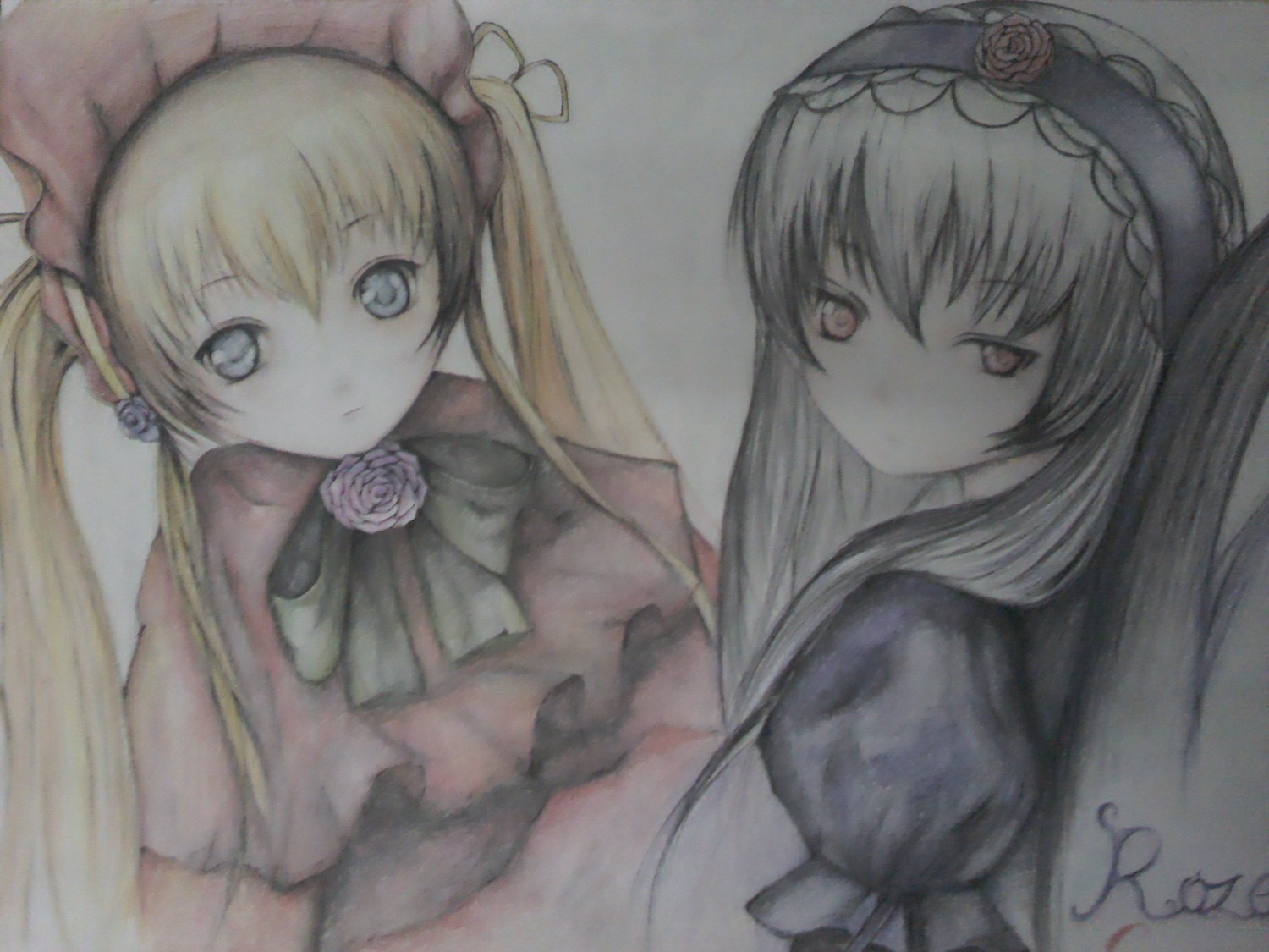 2girls blonde_hair blue_eyes bonnet dress flower hairband image long_hair long_sleeves looking_at_viewer multiple_girls pair red_eyes rose shinku simple_background suigintou suiseiseki traditional_media twintails white_rose