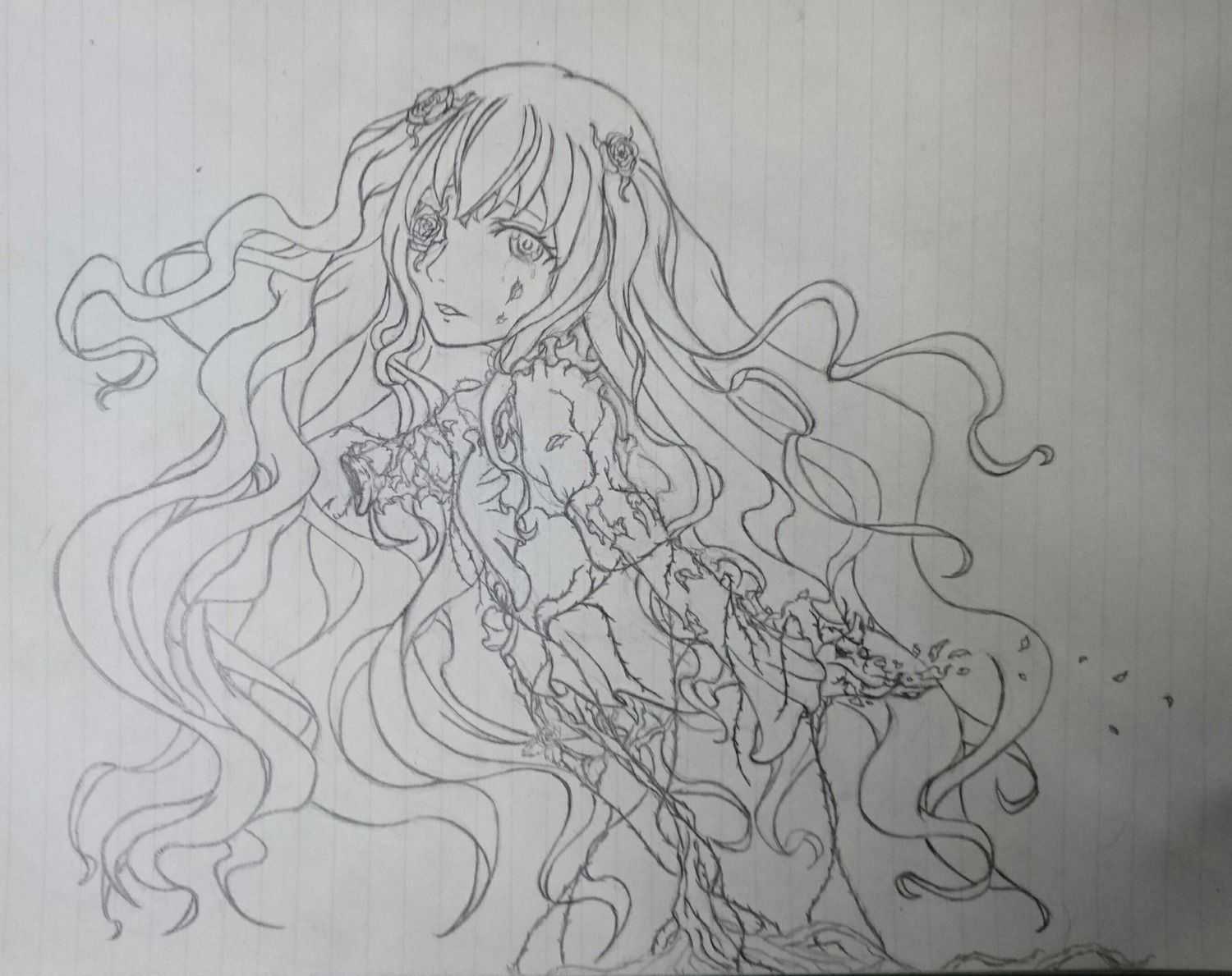 1girl dress flower image kirakishou long_hair monochrome solo tears traditional_media very_long_hair wavy_hair