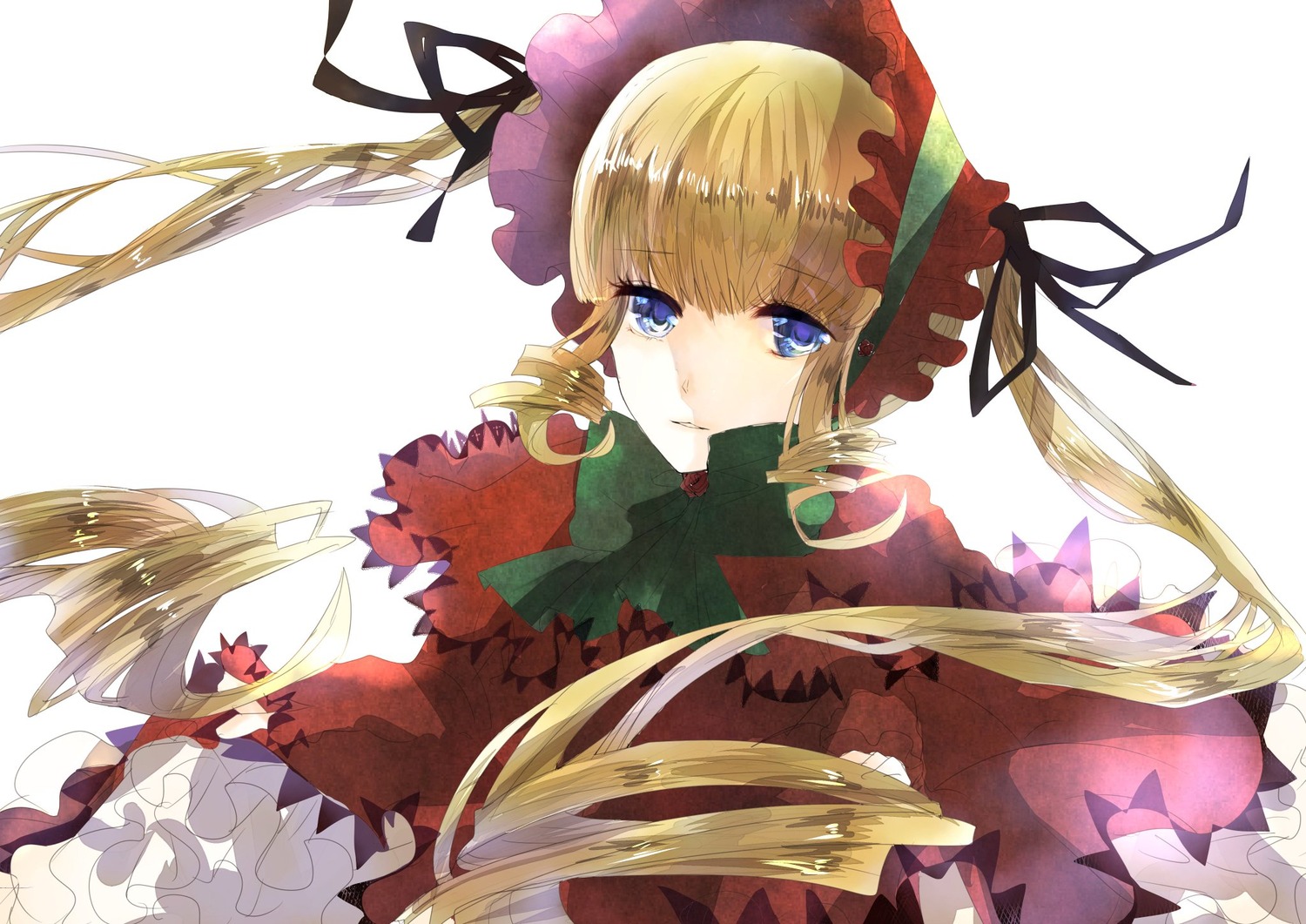 1girl blonde_hair blue_eyes bonnet bow dress drill_hair flower frills image long_hair looking_at_viewer red_dress rose shinku solo striped twintails