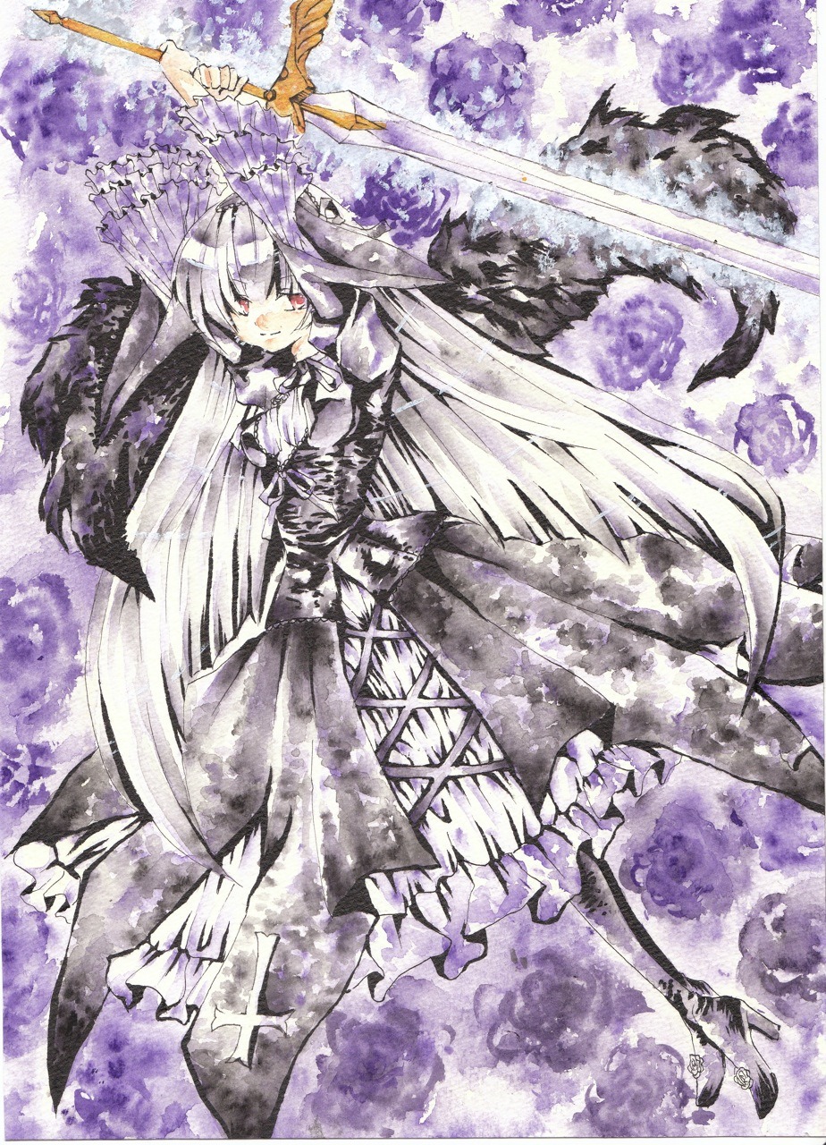 1girl dress flower holding holding_weapon image long_hair red_eyes solo suigintou sword traditional_media very_long_hair weapon