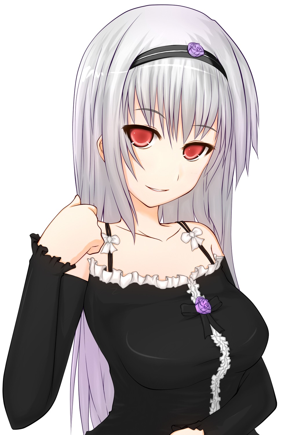 1girl bangs bare_shoulders breasts collarbone detached_sleeves dress flower hairband image long_hair long_sleeves looking_at_viewer red_eyes rose silver_hair simple_background smile solo striped striped_background suigintou upper_body vertical_stripes white_background