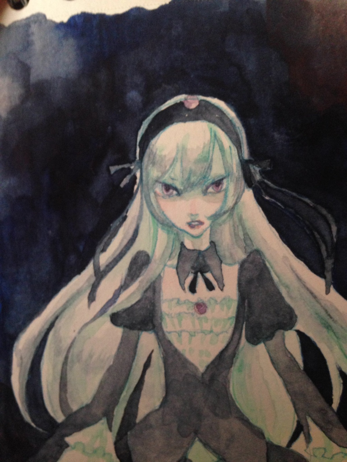 1girl black_ribbon detached_collar dress hairband image lips long_hair long_sleeves looking_at_viewer red_eyes ribbon solo suigintou traditional_media upper_body very_long_hair