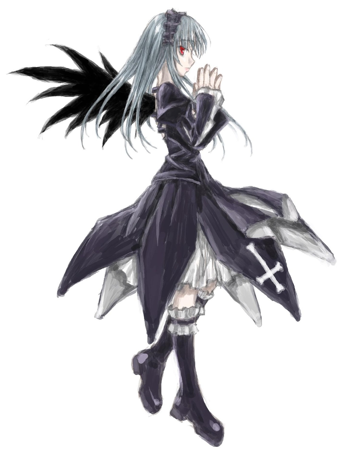 1girl black_dress black_wings boots dress frills full_body image knee_boots long_hair long_sleeves red_eyes simple_background solo standing striped suigintou white_background wings