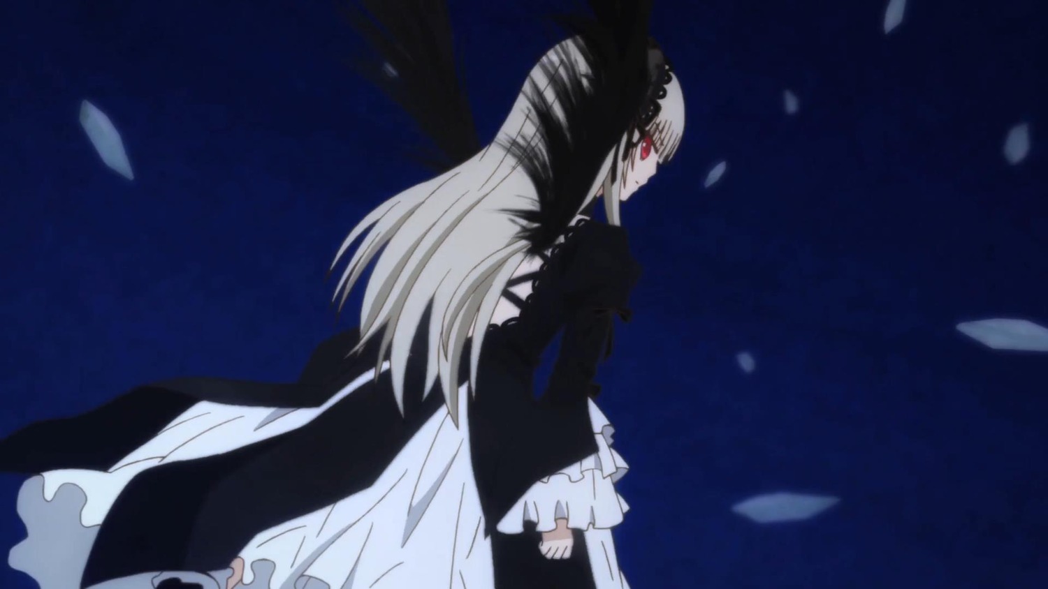 1girl black_dress dress frilled_sleeves frills hairband image long_hair long_sleeves petals red_eyes solo standing suigintou very_long_hair wide_sleeves