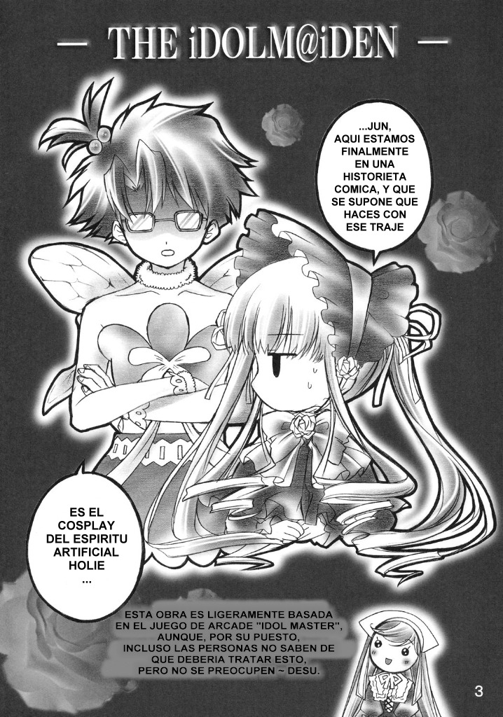 1boy chibi comic doujinshi doujinshi_#8 dress english_text greyscale image long_hair monochrome multiple shaded_face