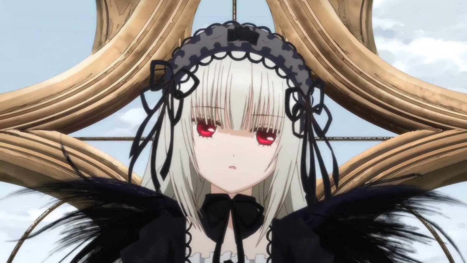 1girl bangs black_dress black_ribbon black_wings detached_collar dress eyebrows_visible_through_hair feathered_wings feathers flower frills hairband image long_hair looking_at_viewer red_eyes ribbon silver_hair solo suigintou wings