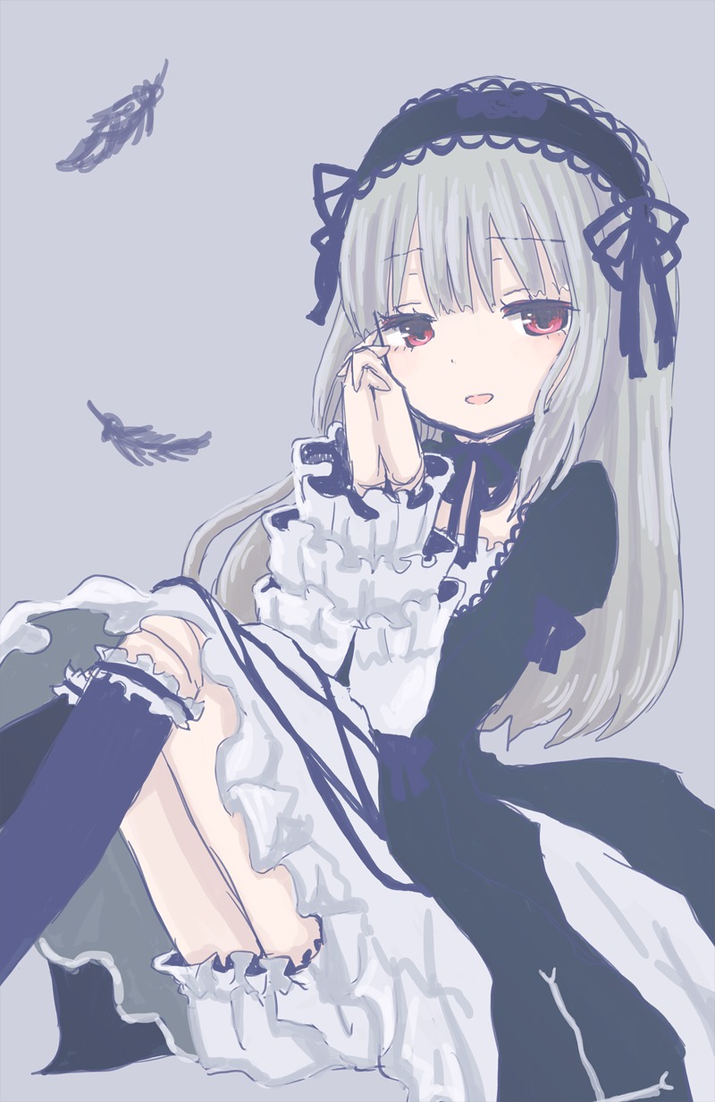 1girl bangs bloomers dress frills hairband image juliet_sleeves kneehighs long_hair long_sleeves looking_at_viewer open_mouth red_eyes sitting solo suigintou underwear