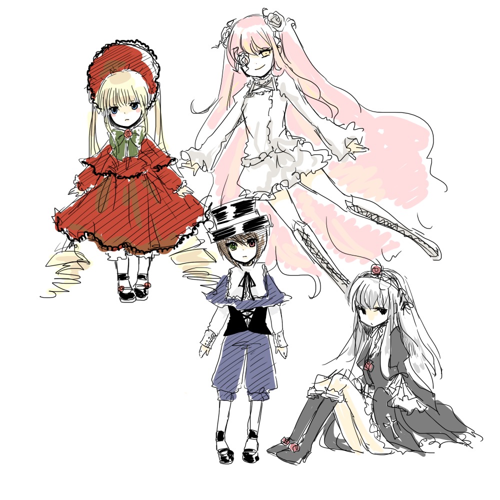 3girls blonde_hair blue_eyes bonnet bow dress drill_hair flower frills hat heterochromia hina_ichigo image long_hair long_sleeves multiple multiple_girls pink_bow pink_hair red_dress shinku souseiseki suigintou suiseiseki tagme umbrella very_long_hair yellow_eyes