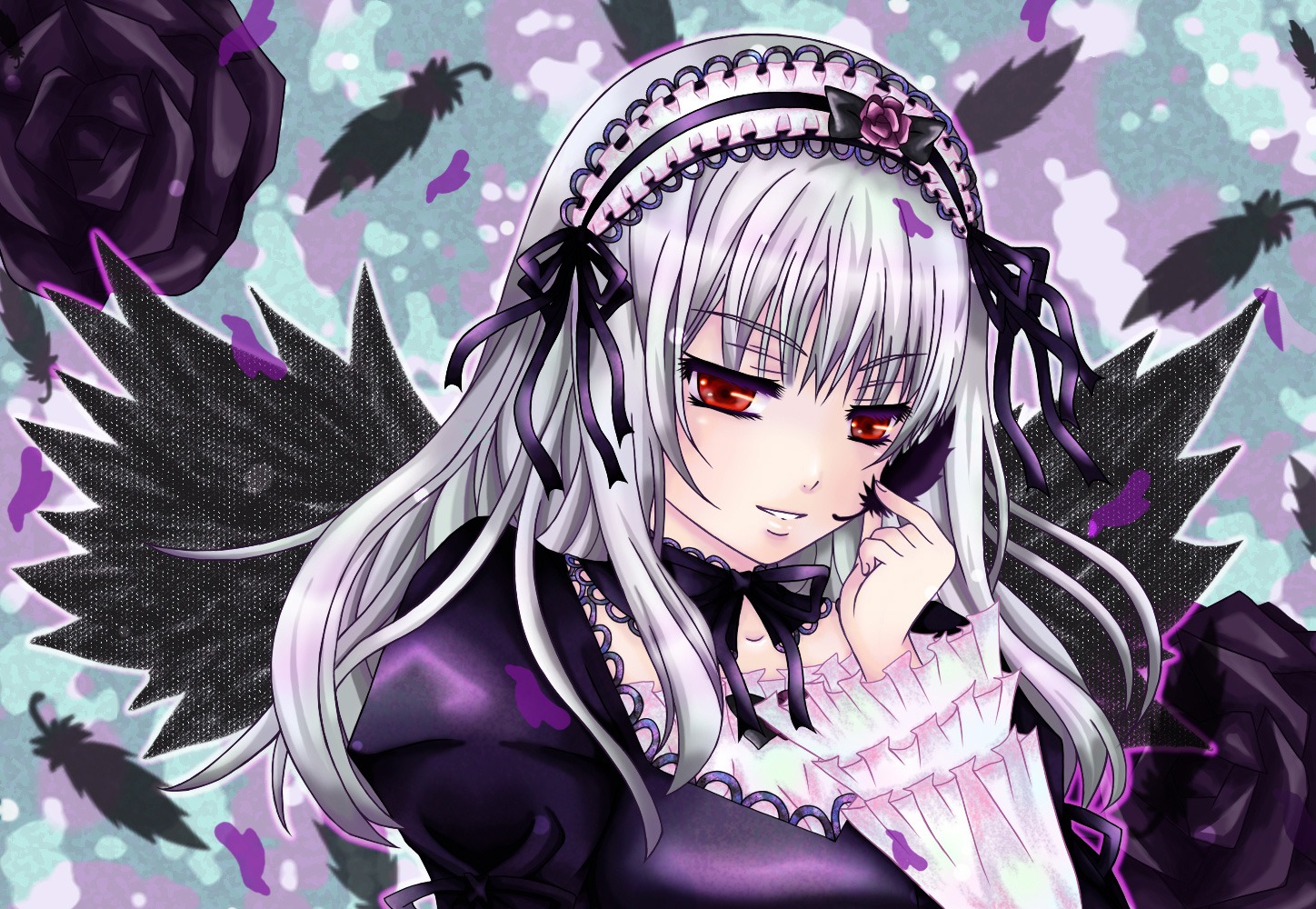 1girl black_feathers black_flower black_rose black_wings commentary_request dress feathered_wings feathers flower frills hairband image long_hair long_sleeves looking_at_viewer purple_flower purple_rose red_eyes rose rozen_maiden sasagami_rikka silver_hair solo suigintou wings