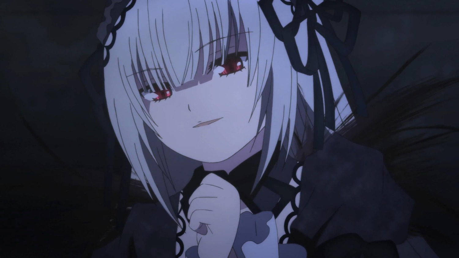 1girl bangs black_wings dress eyebrows_visible_through_hair hairband image long_hair long_sleeves looking_at_viewer parted_lips red_eyes ribbon solo suigintou