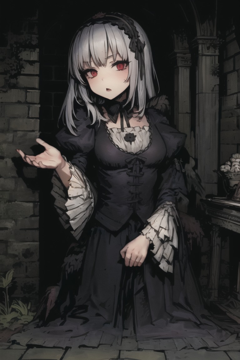 1girl ai_generated bangs black_dress dress eyebrows_visible_through_hair frills gothic_lolita hairband image lolita_fashion long_sleeves looking_at_viewer red_eyes solo suigintou wide_sleeves